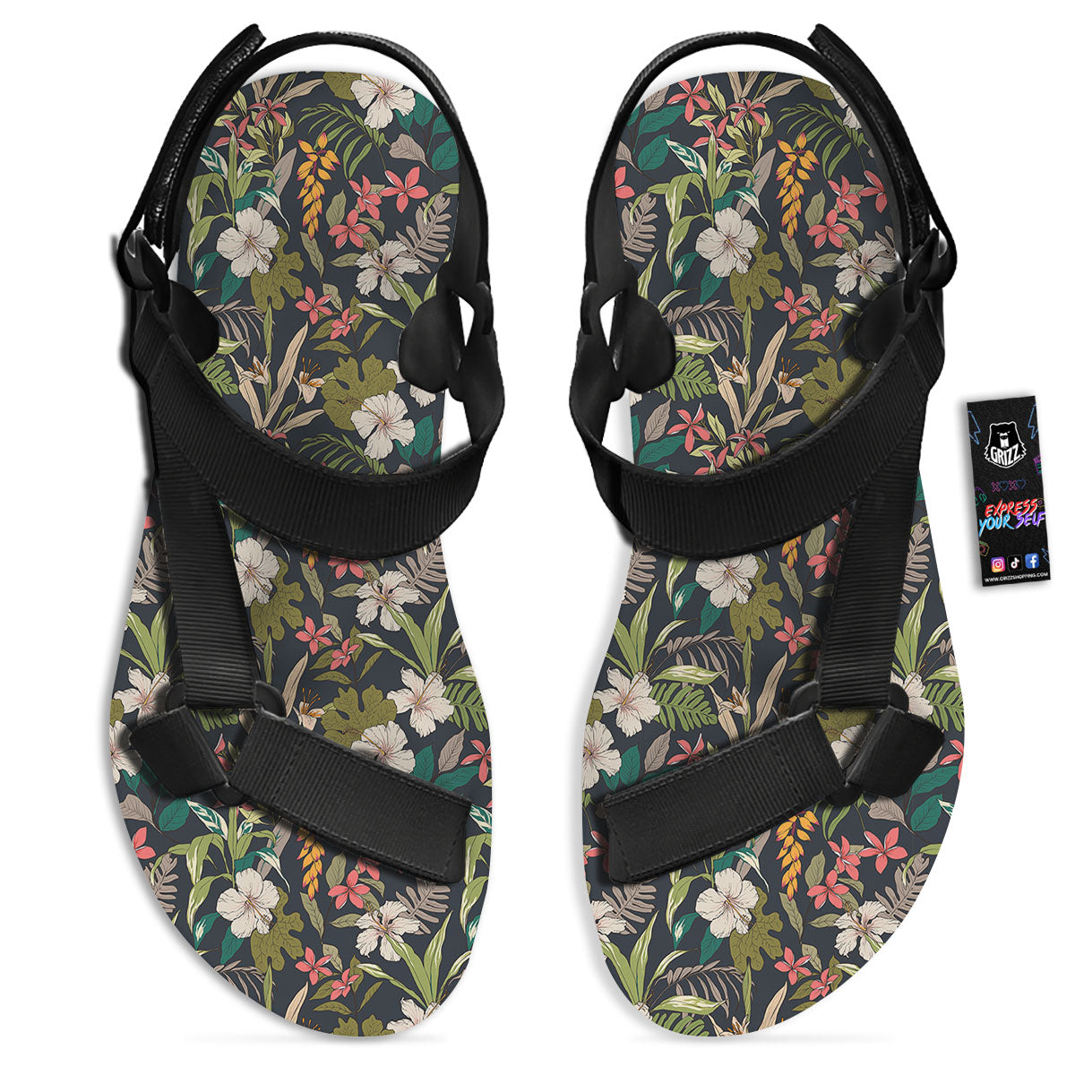 Tropical Hawaiian Aloha Print Pattern Black Open Toe Sandals-grizzshop