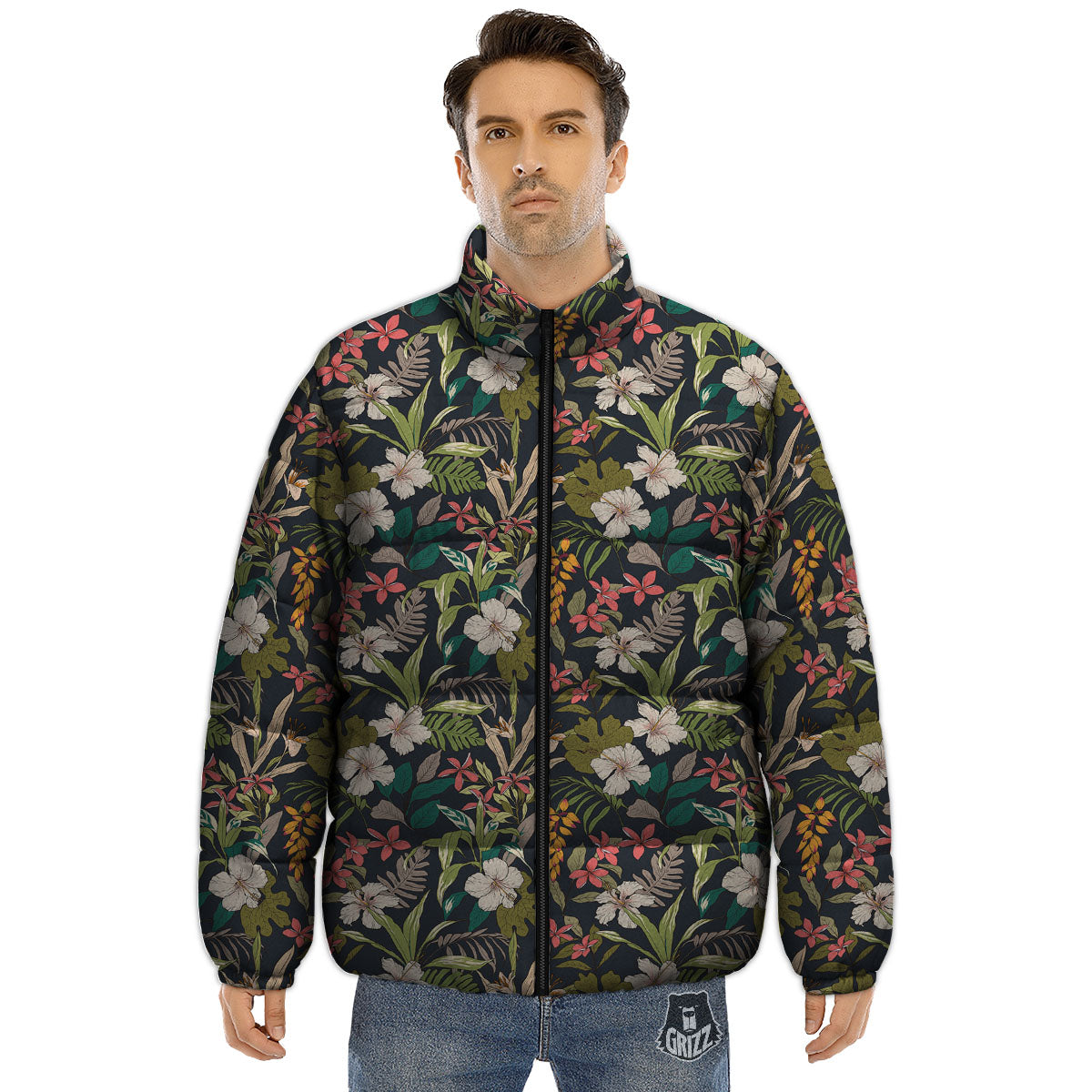 Tropical Hawaiian Aloha Print Pattern Puffer Jacket-grizzshop
