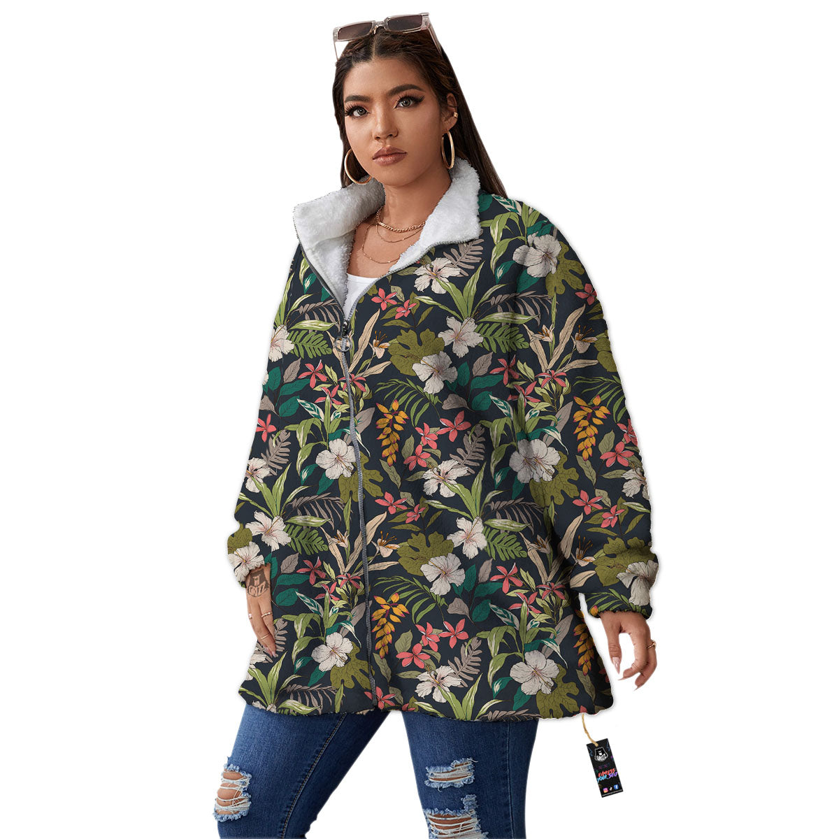 Tropical Hawaiian Aloha Print Pattern Women's Sherpa Jacket-grizzshop