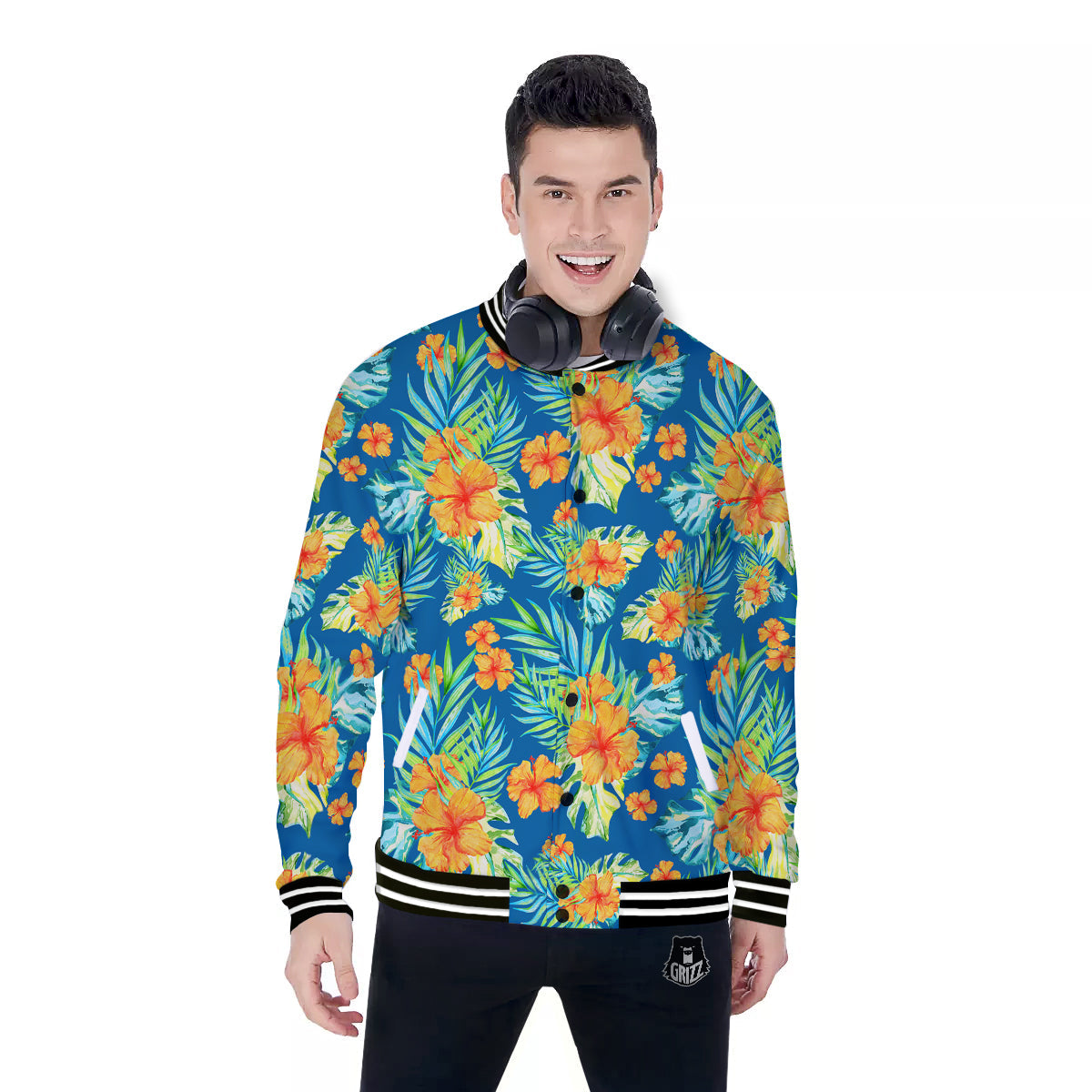 Tropical Hawaiian Blue Orange Print Pattern Baseball Jacket-grizzshop