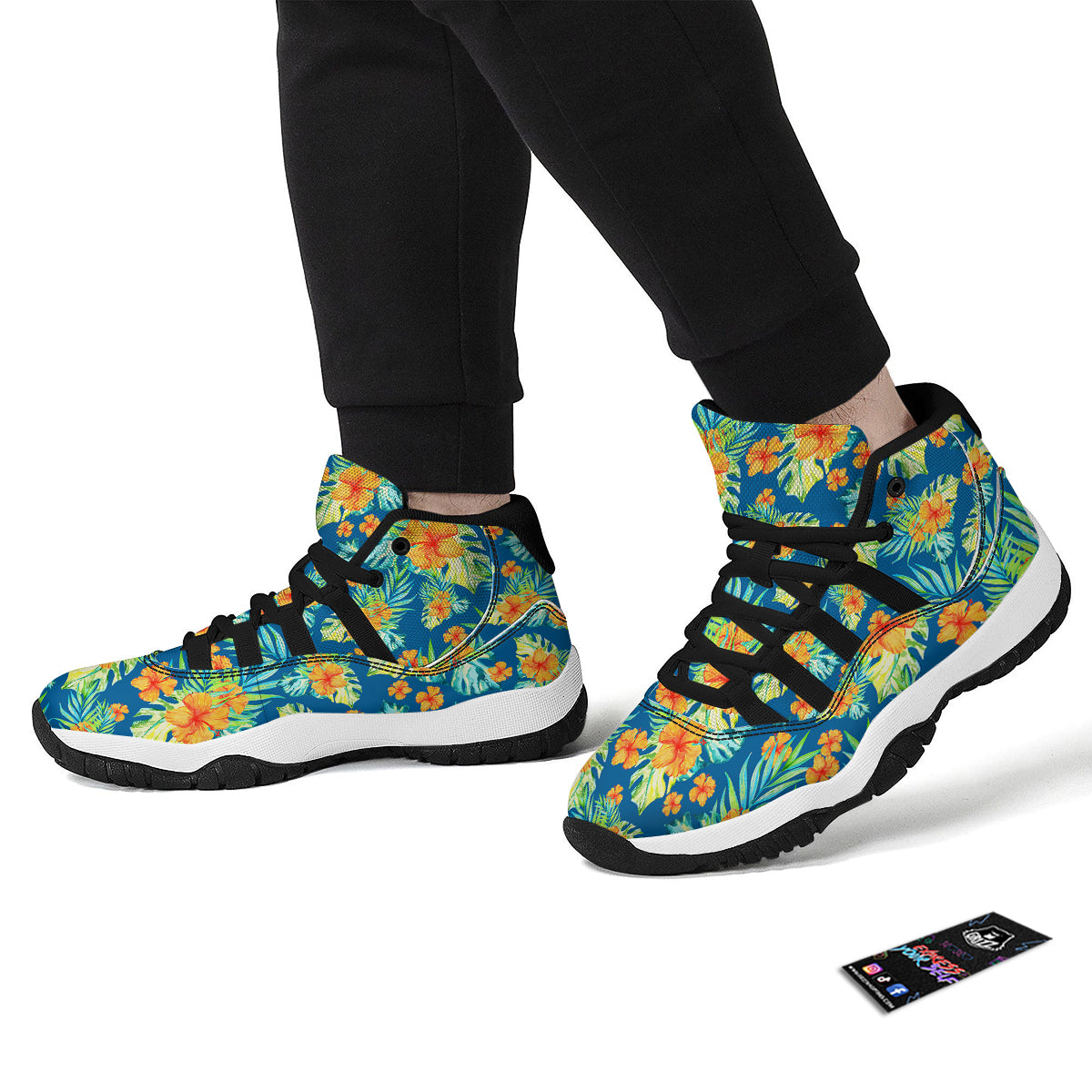 Tropical Hawaiian Blue Orange Print Pattern Black Bball Shoes-grizzshop