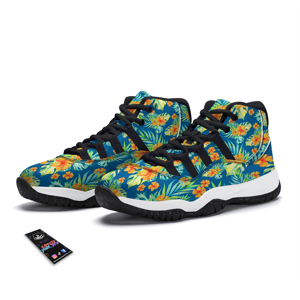 Tropical Hawaiian Blue Orange Print Pattern Black Bball Shoes-grizzshop