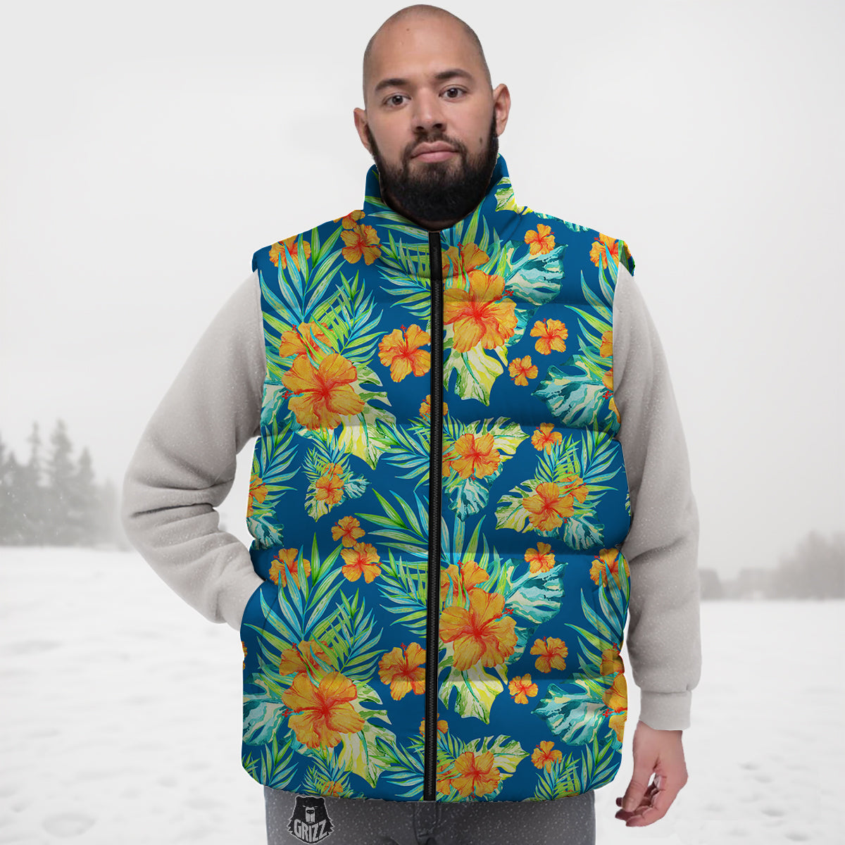 Tropical Hawaiian Blue Orange Print Pattern Down Vest-grizzshop