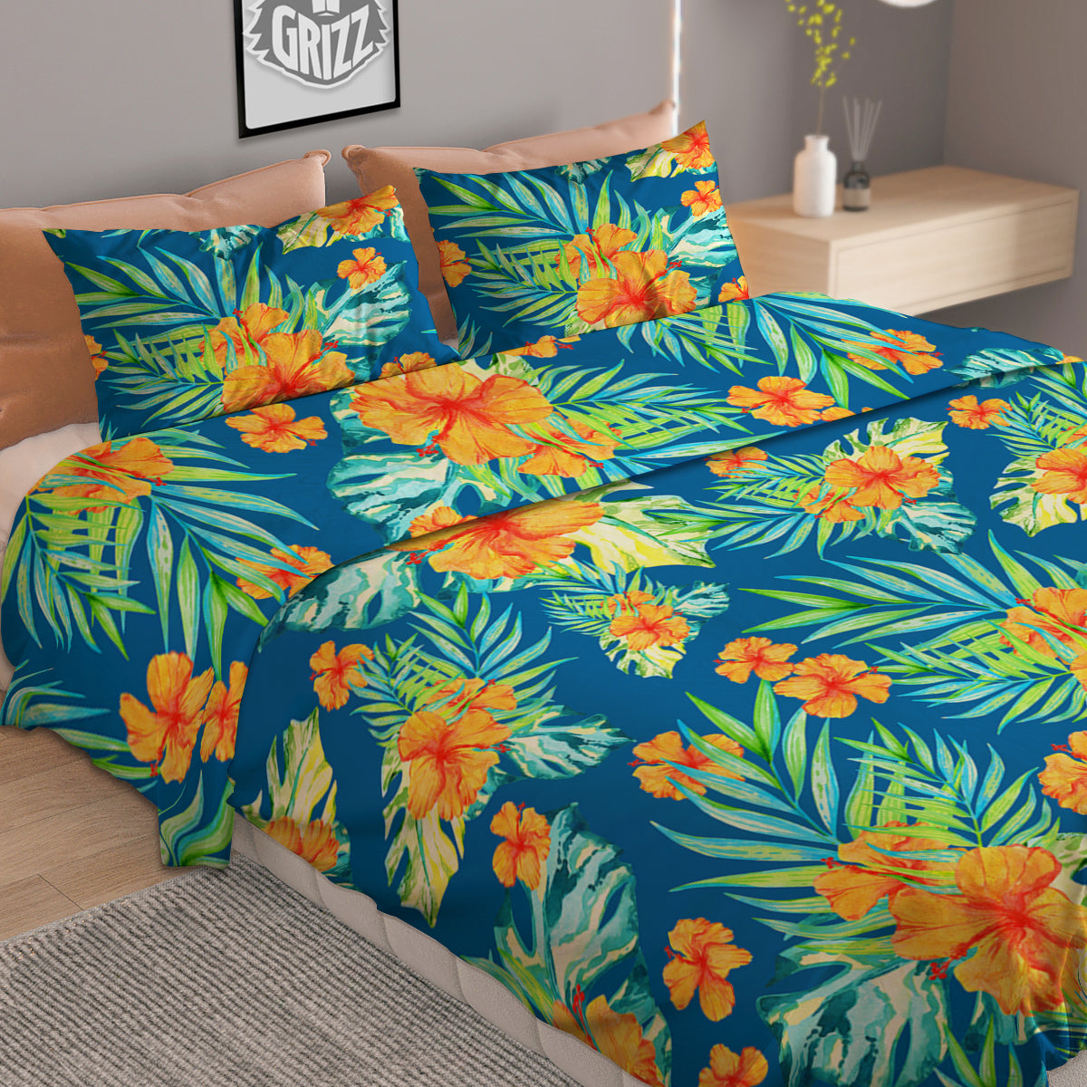 Tropical Hawaiian Blue Orange Print Pattern Duvet Cover Bedding Set