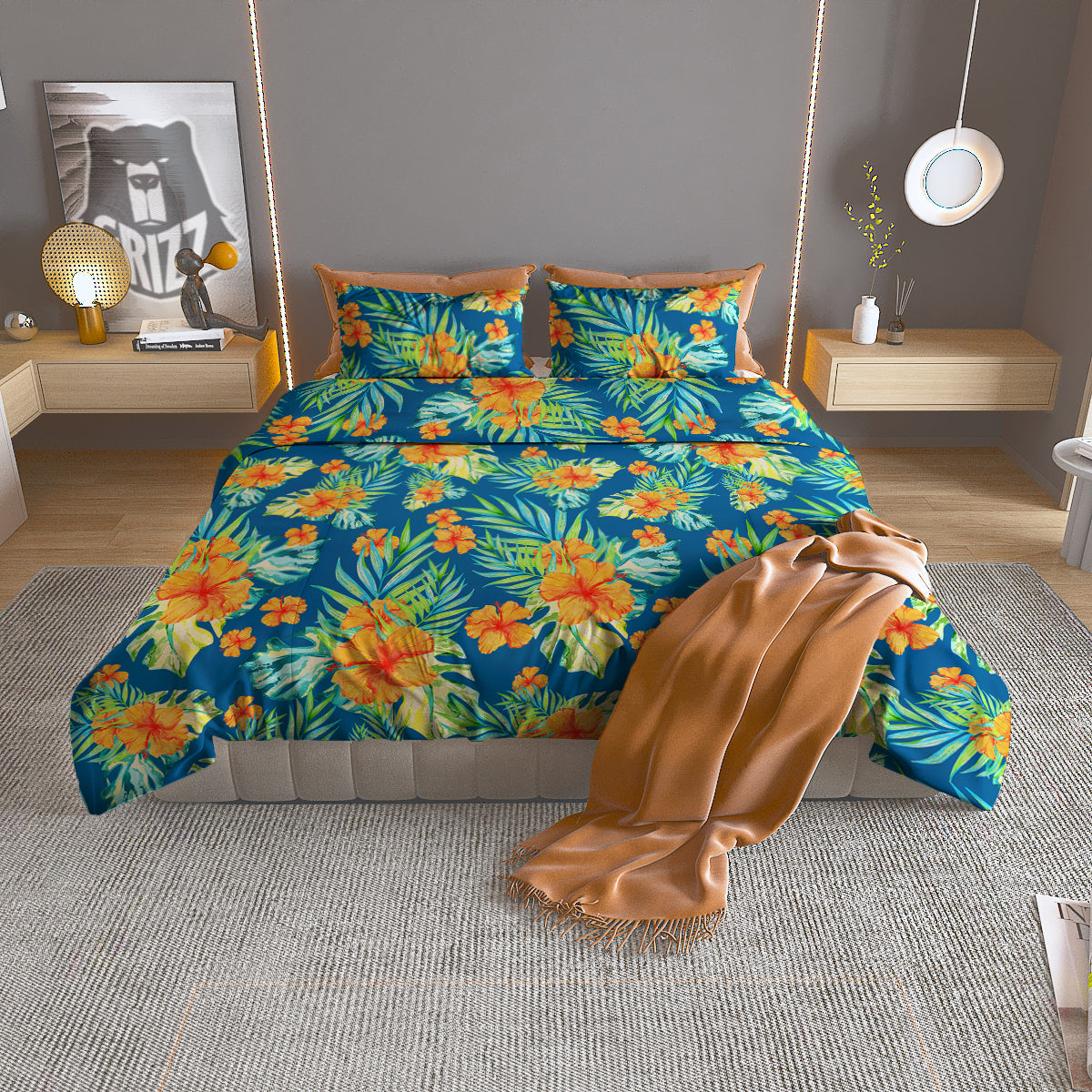 Tropical Hawaiian Blue Orange Print Pattern Duvet Cover Bedding Set