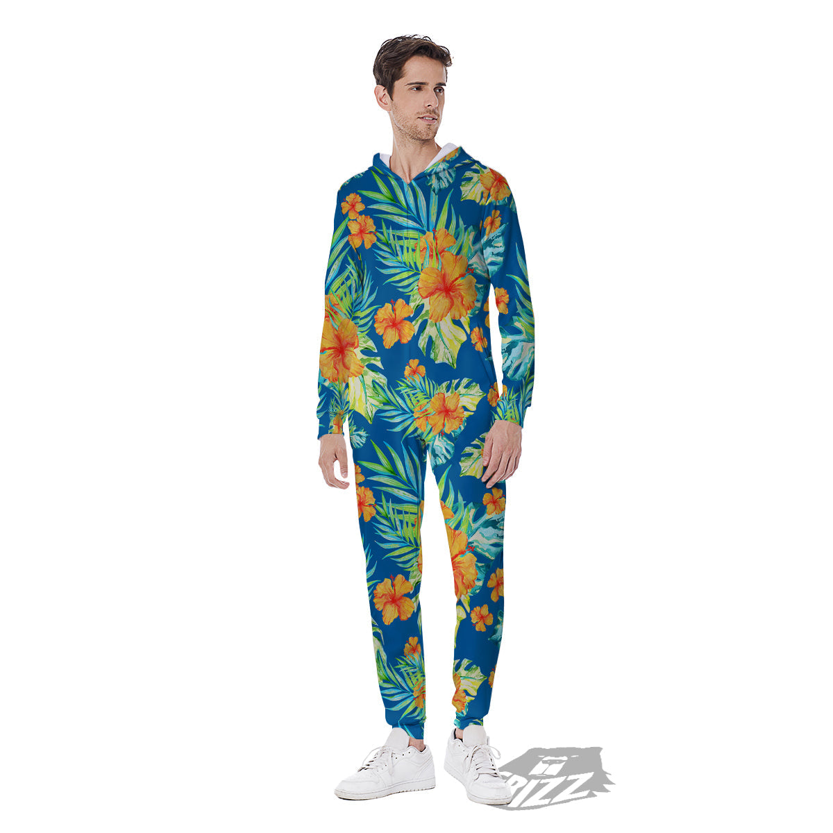Tropical Hawaiian Blue Orange Print Pattern Men's Jumpsuit-grizzshop