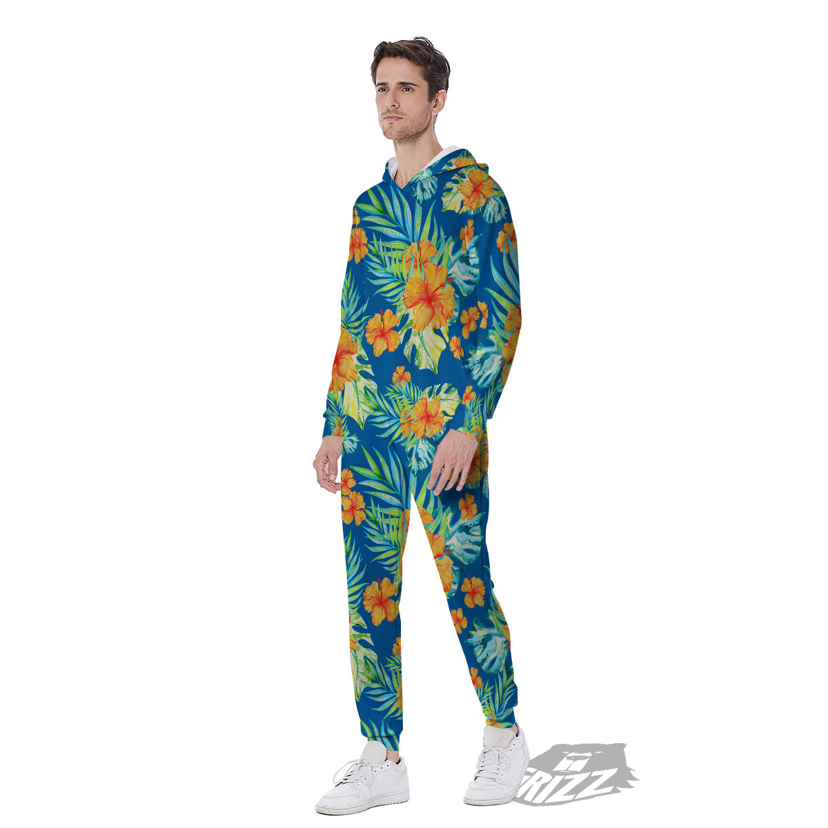 Tropical Hawaiian Blue Orange Print Pattern Men's Jumpsuit-grizzshop