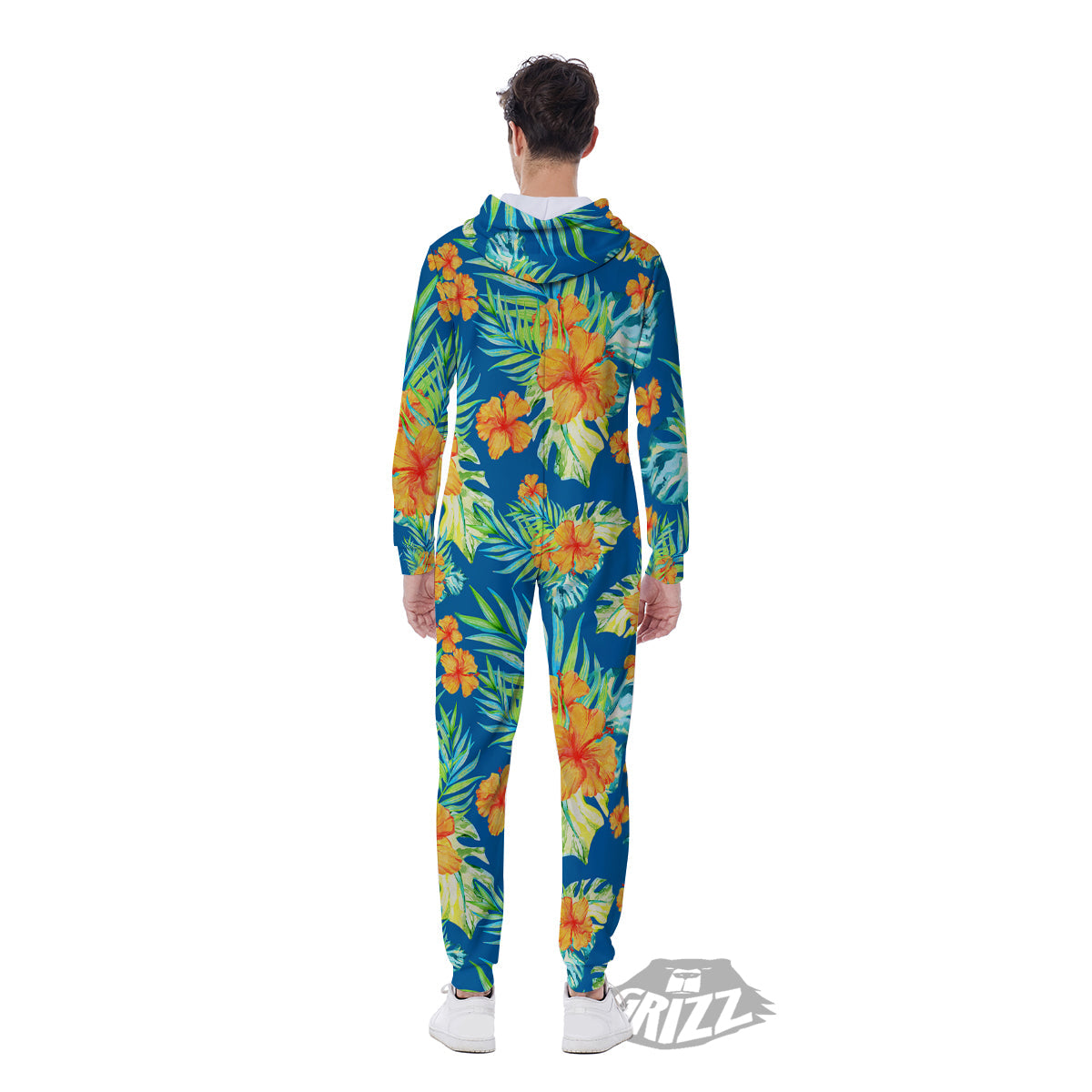 Tropical Hawaiian Blue Orange Print Pattern Men's Jumpsuit-grizzshop