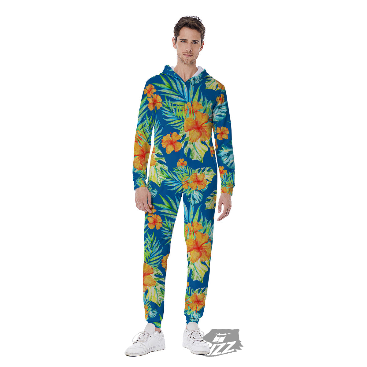Tropical Hawaiian Blue Orange Print Pattern Men's Jumpsuit-grizzshop