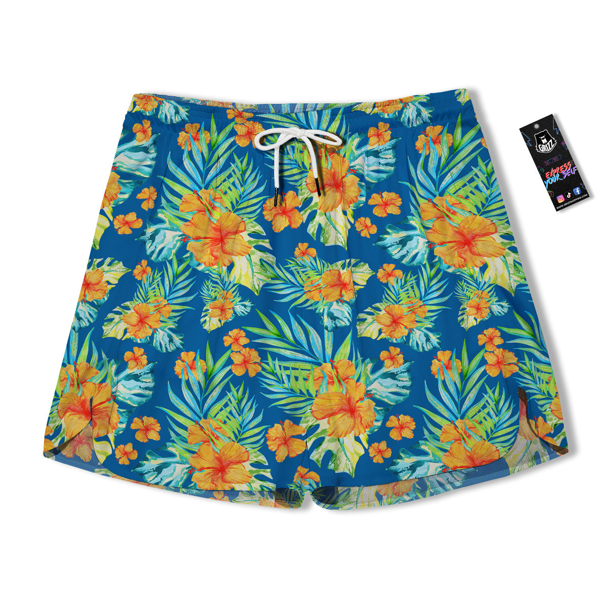 Tropical Hawaiian Blue Orange Print Pattern Men's Running Shorts-grizzshop