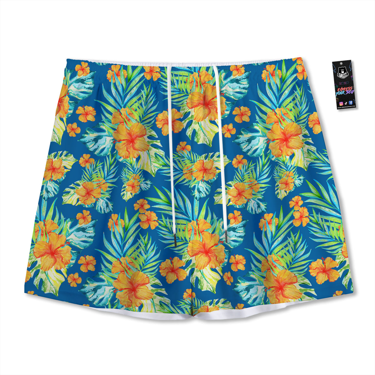Tropical Hawaiian Blue Orange Print Pattern Mesh Shorts