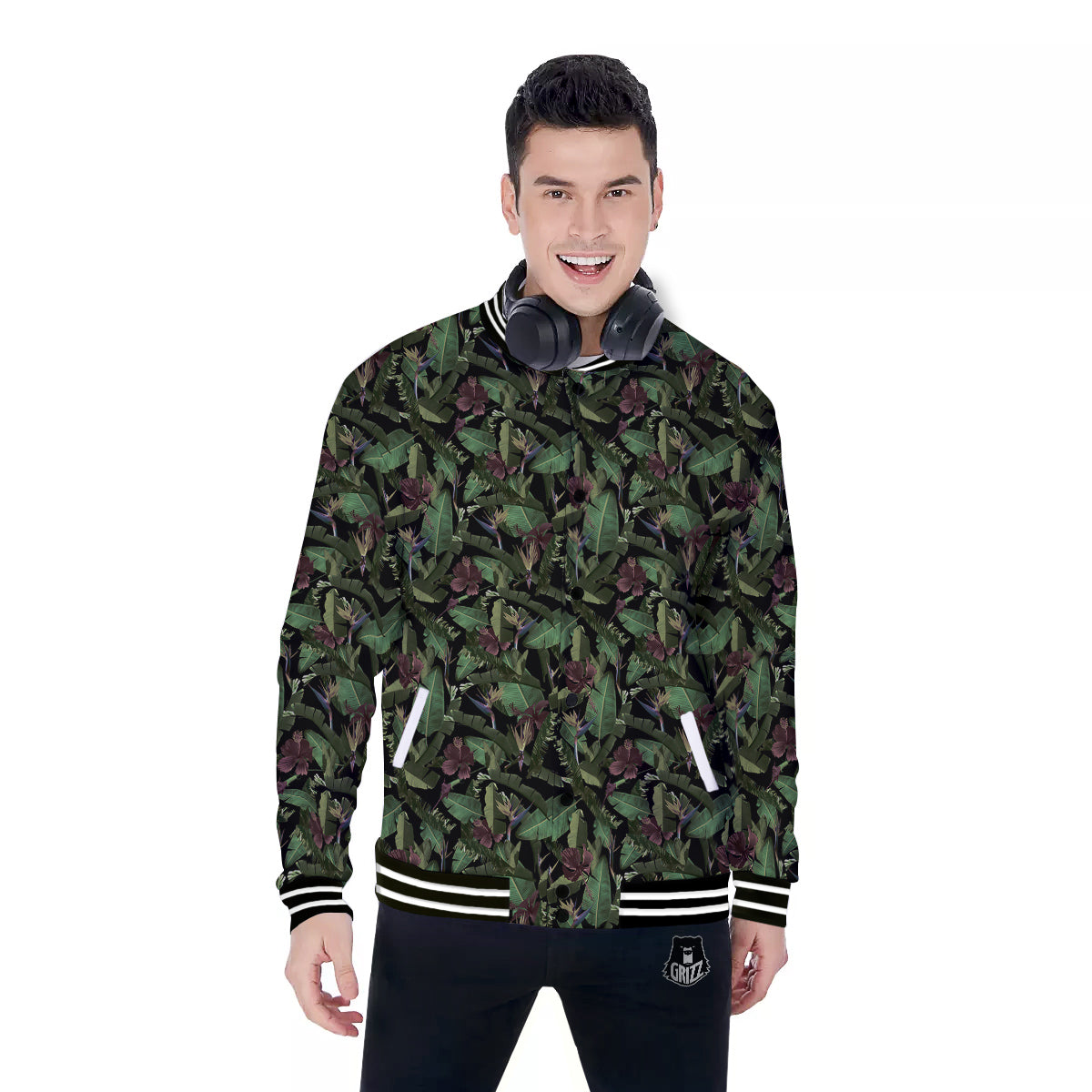 Tropical Hawaiian Dark Print Pattern Baseball Jacket-grizzshop