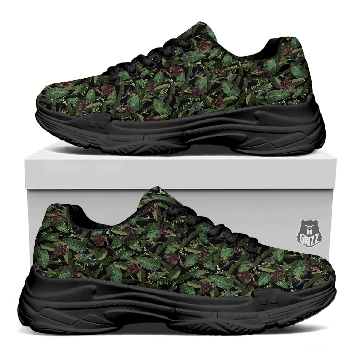 Tropical Hawaiian Dark Print Pattern Black Chunky Shoes-grizzshop
