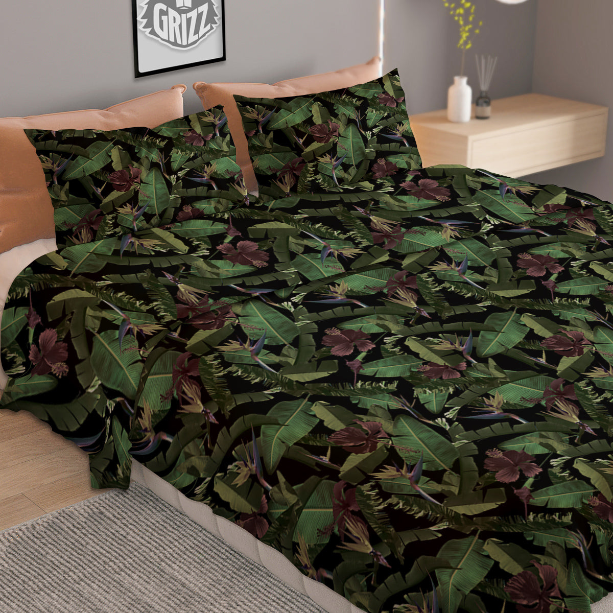 Tropical Hawaiian Dark Print Pattern Duvet Cover Bedding Set