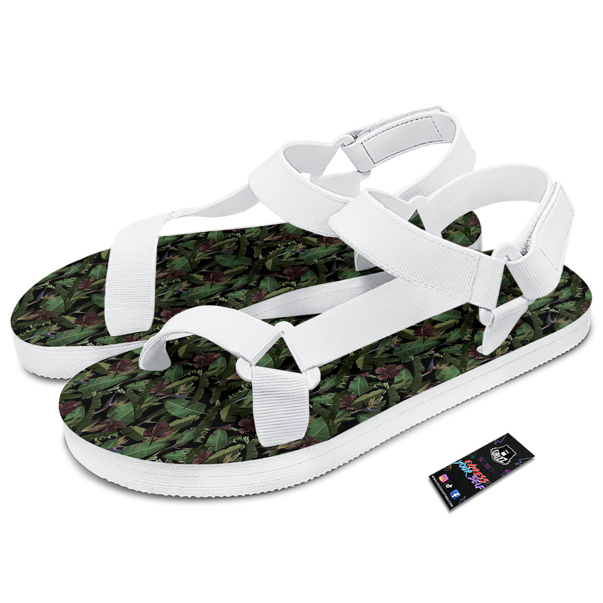 Tropical Hawaiian Dark Print Pattern White Open Toe Sandals-grizzshop