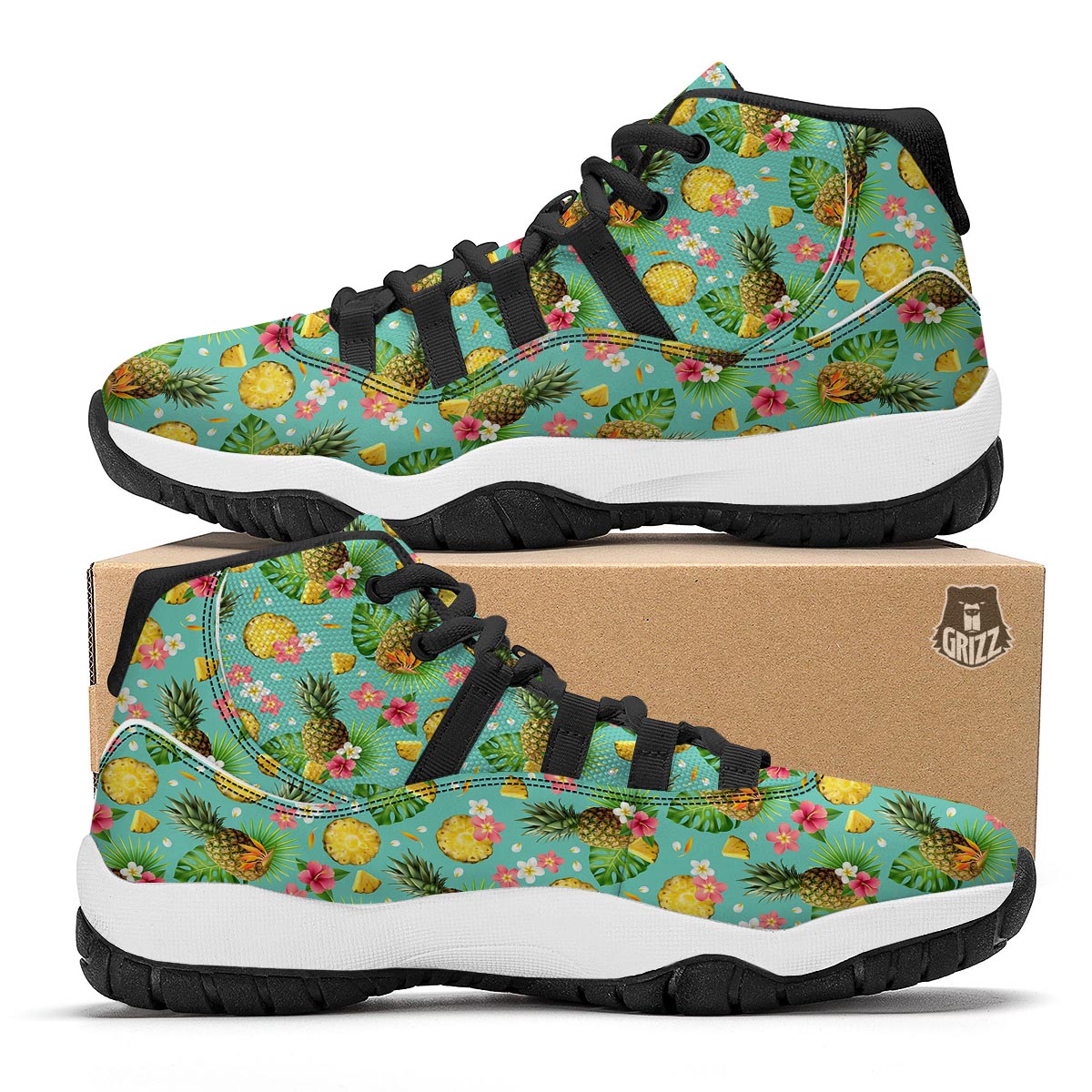 Tropical Hawaiian Hibiscus Pineapple Print Black Bball Shoes-grizzshop