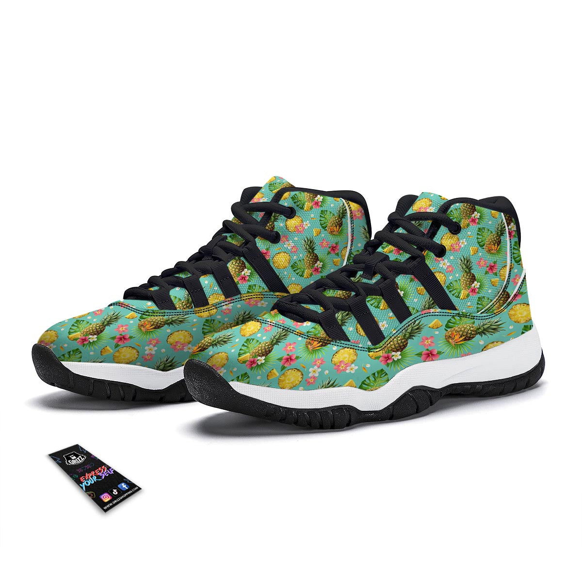 Tropical Hawaiian Hibiscus Pineapple Print Black Bball Shoes-grizzshop