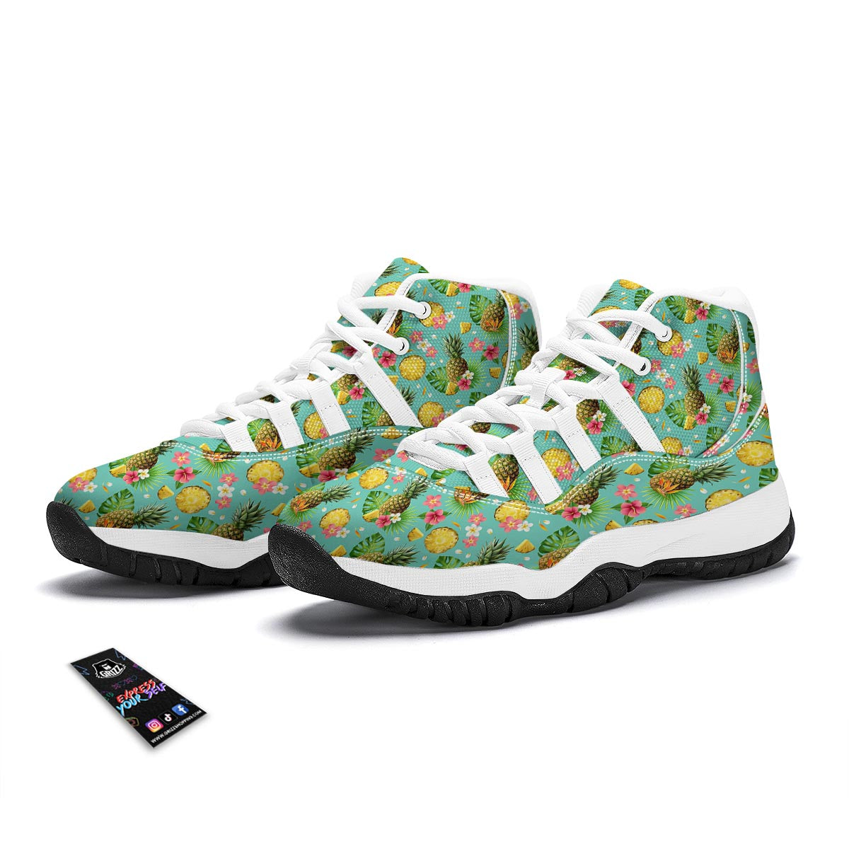 Tropical Hawaiian Hibiscus Pineapple Print White Bball Shoes-grizzshop