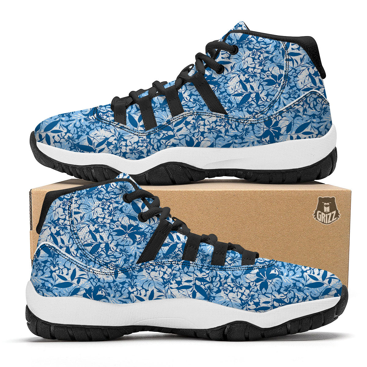 Tropical Hibiscus Blue Print Pattern Black Bball Shoes-grizzshop