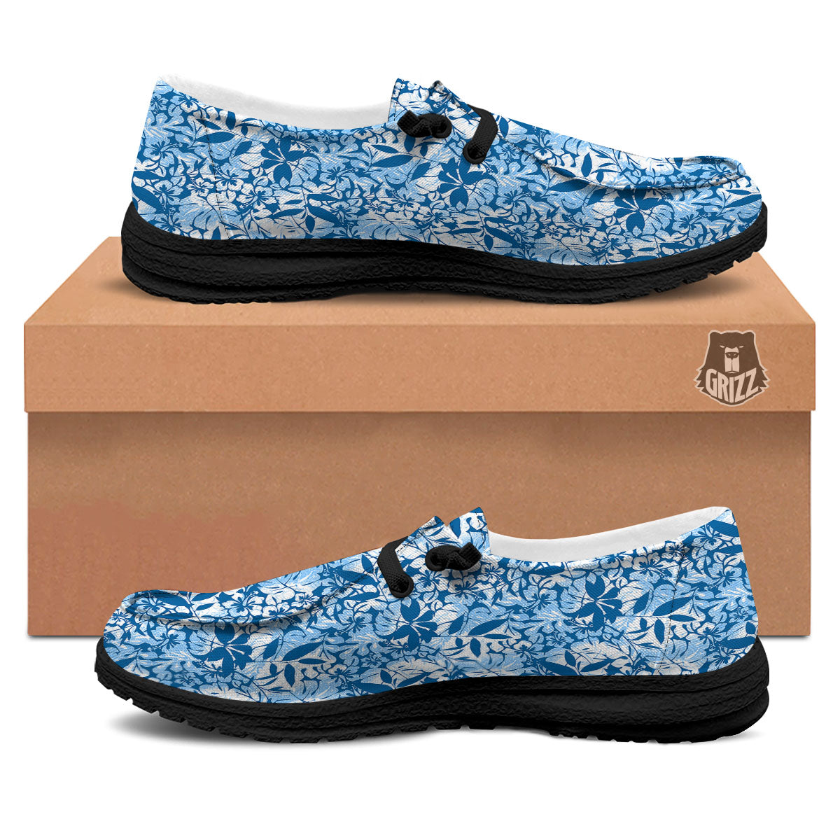 Tropical Hibiscus Blue Print Pattern Black Loafers-grizzshop