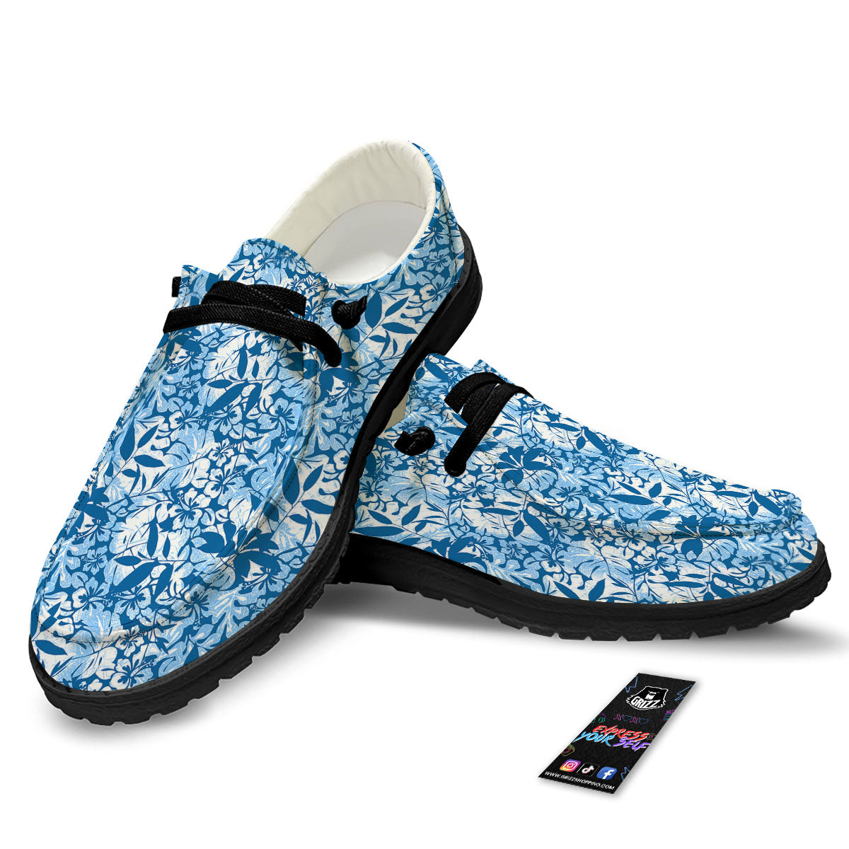 Tropical Hibiscus Blue Print Pattern Black Loafers-grizzshop
