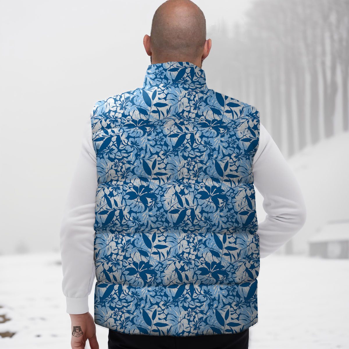 Tropical Hibiscus Blue Print Pattern Down Vest