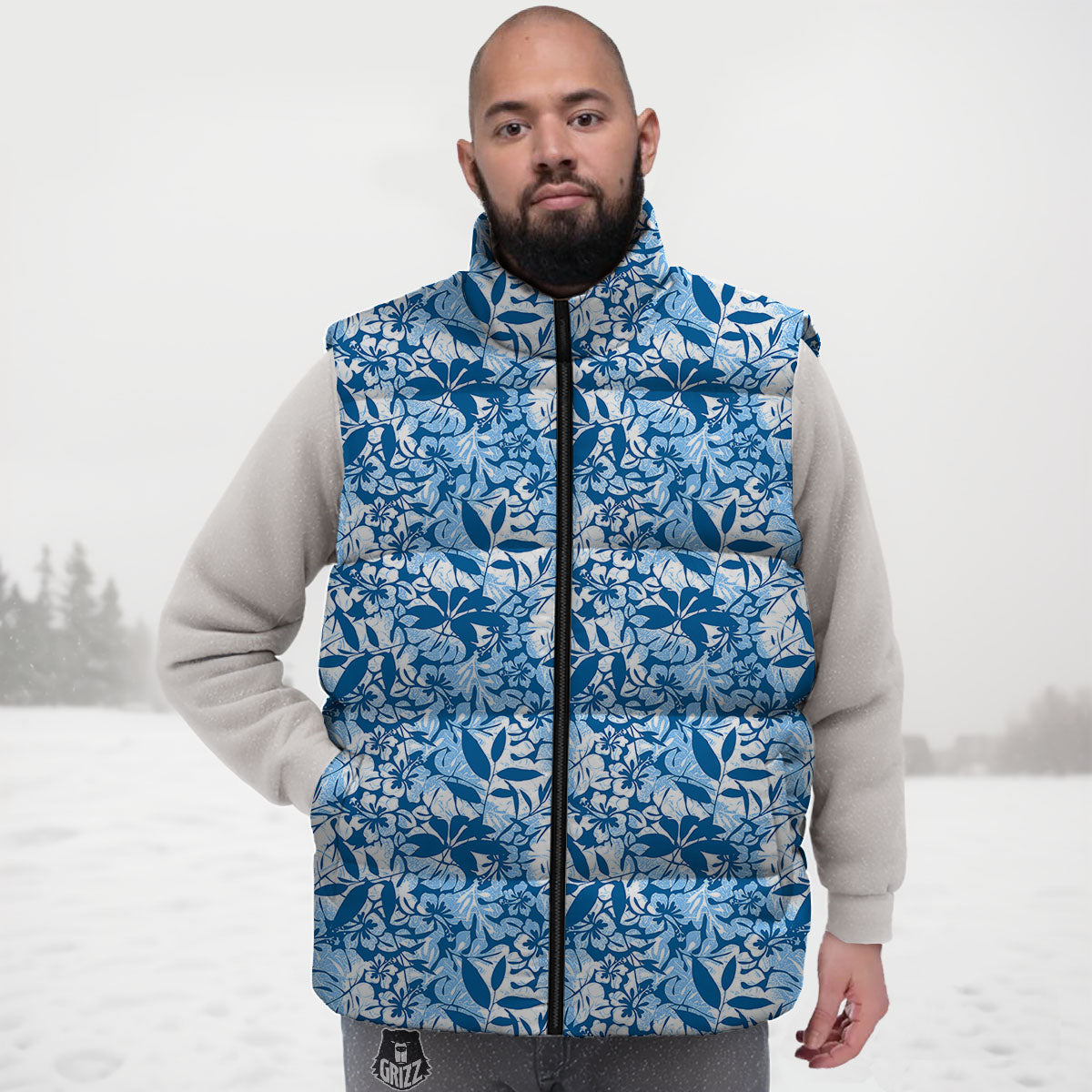 Tropical Hibiscus Blue Print Pattern Down Vest