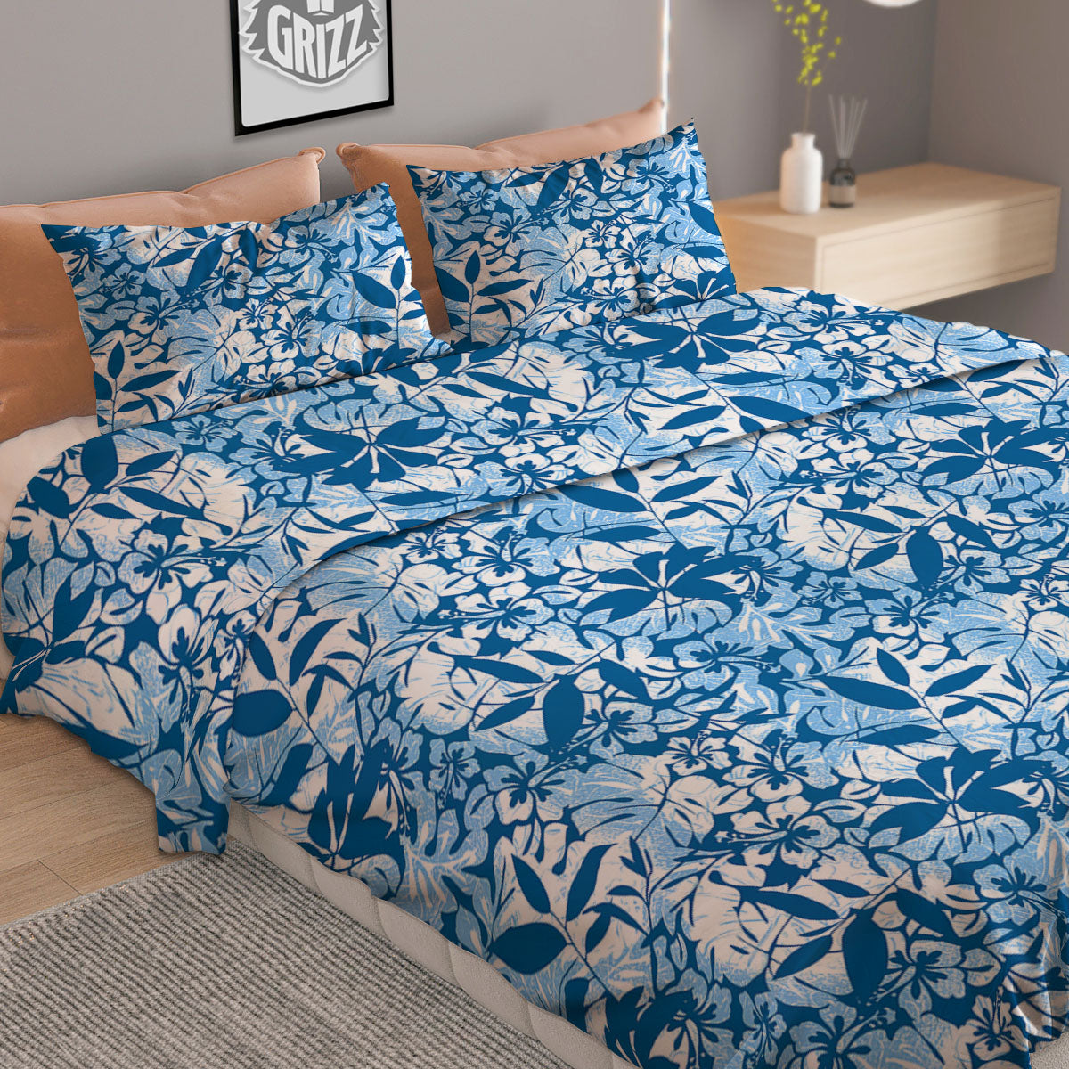 Tropical Hibiscus Blue Print Pattern Duvet Cover Bedding Set