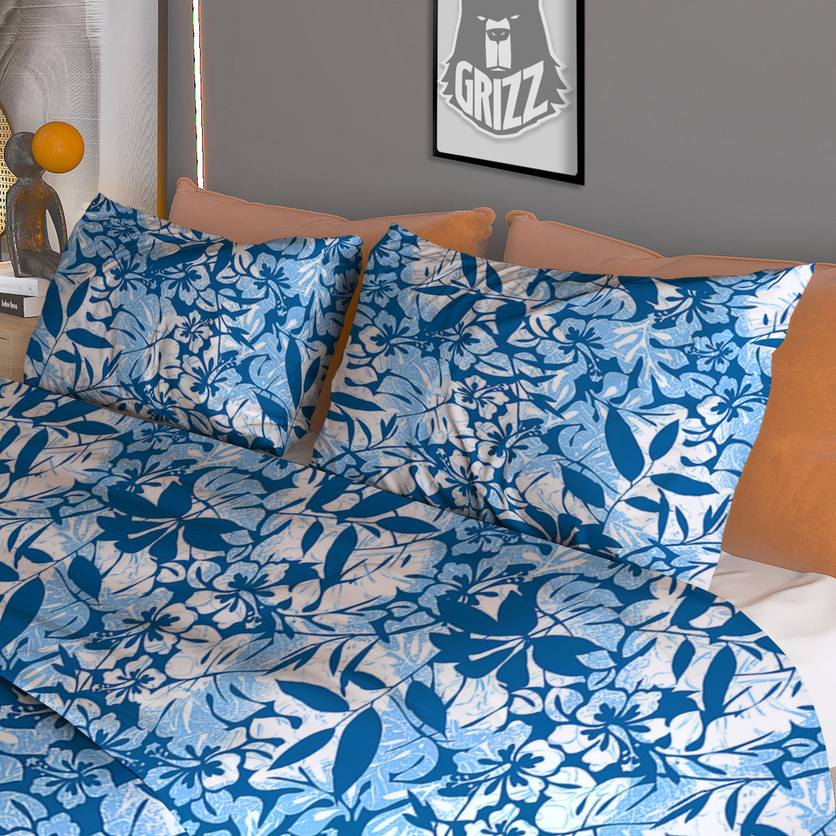Tropical Hibiscus Blue Print Pattern Duvet Cover Bedding Set