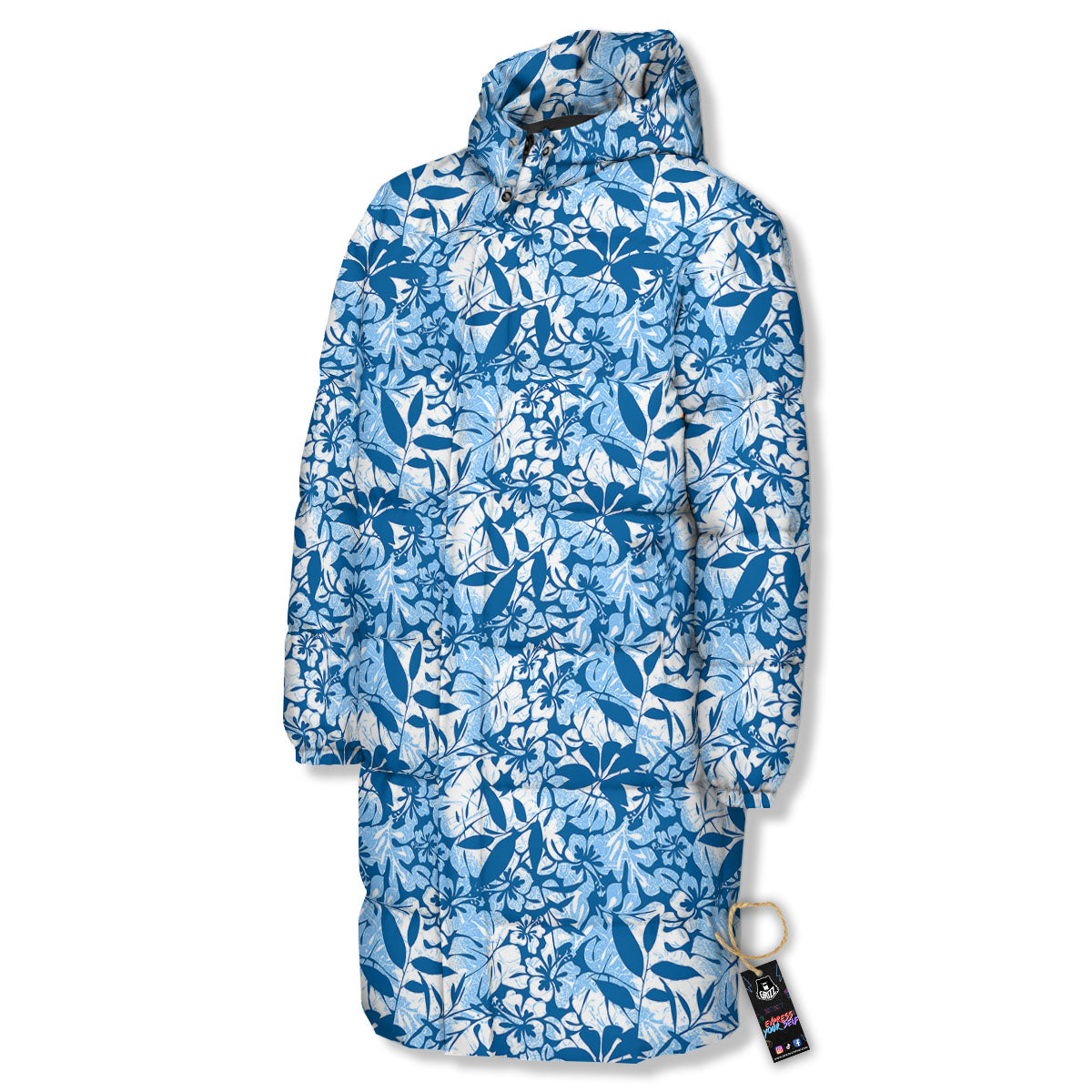 Tropical Hibiscus Blue Print Pattern Long Down Jacket-grizzshop