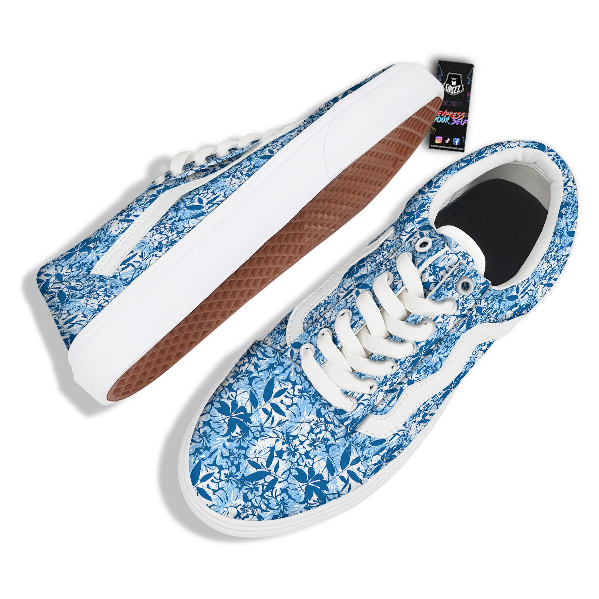 Tropical Hibiscus Blue Print Pattern Skate Shoes-grizzshop