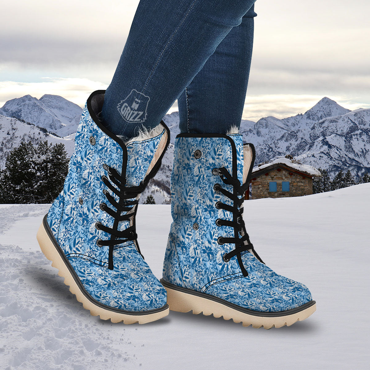 Tropical Hibiscus Blue Print Pattern Snow Boots-grizzshop
