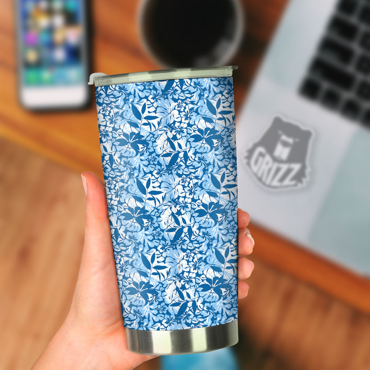 Tropical Hibiscus Blue Print Pattern Tumbler-grizzshop