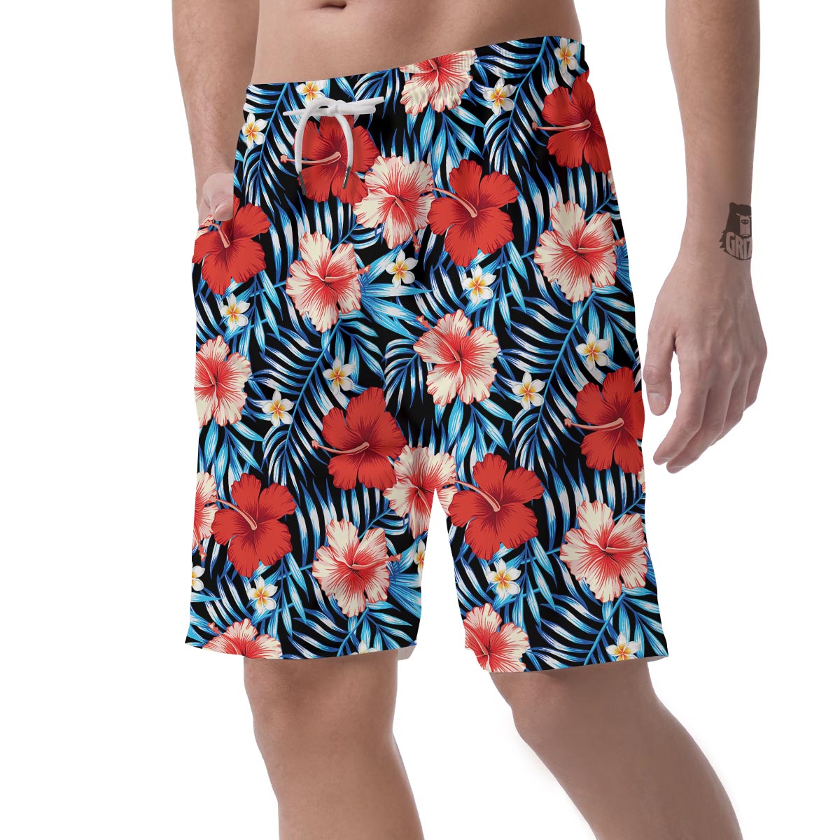 Tropical Hibiscus Flower Print Men's Shorts-grizzshop