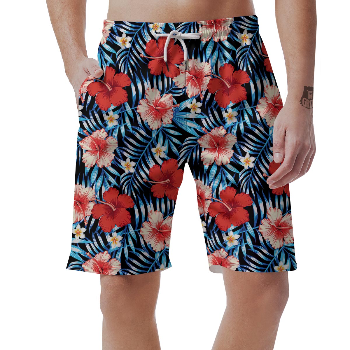 Tropical Hibiscus Flower Print Men's Shorts-grizzshop