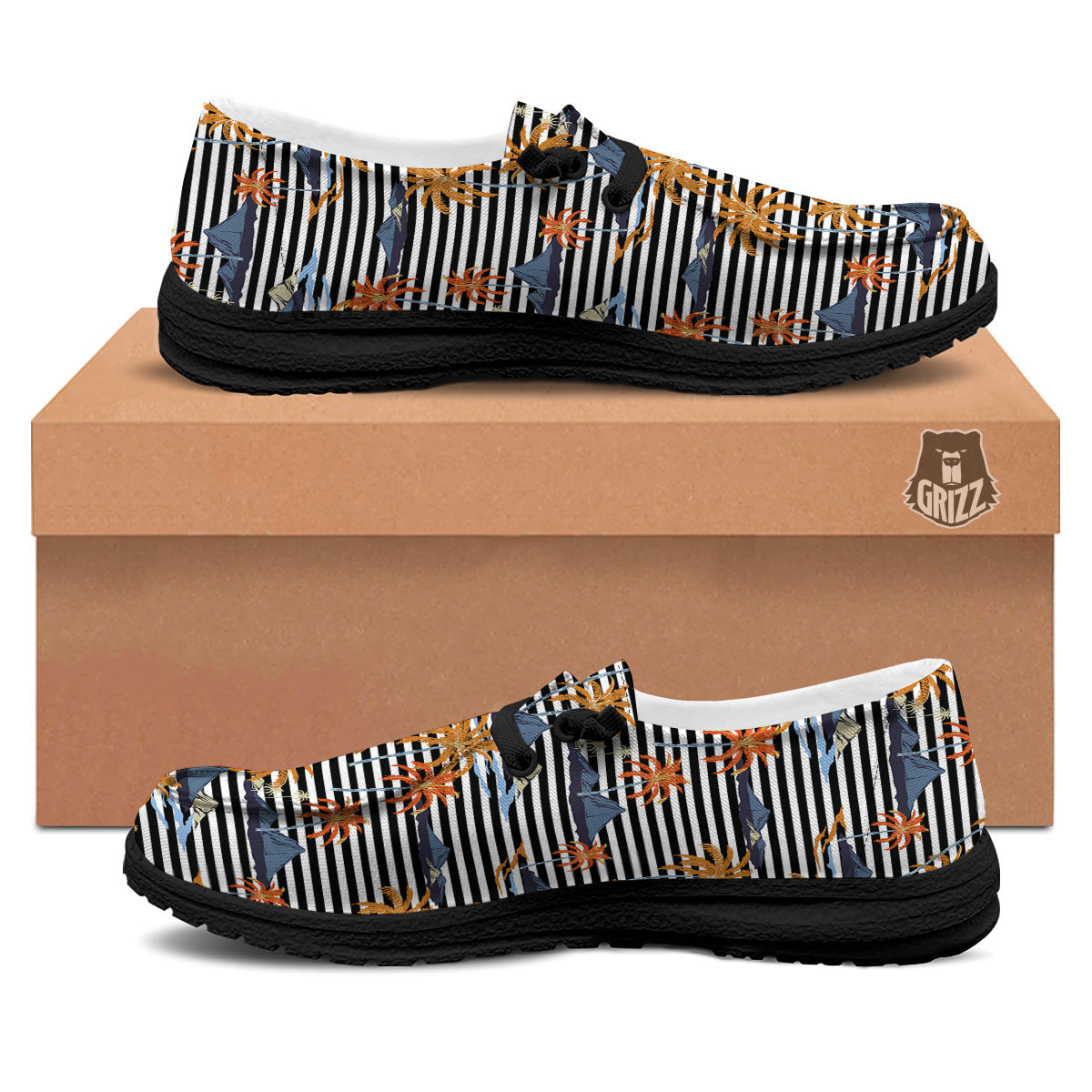 Tropical Island And Stripes Print Pattern Black Loafers-grizzshop