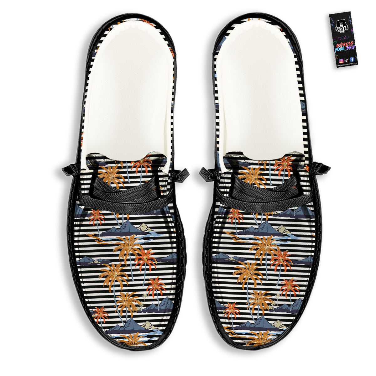 Tropical Island And Stripes Print Pattern Black Loafers-grizzshop