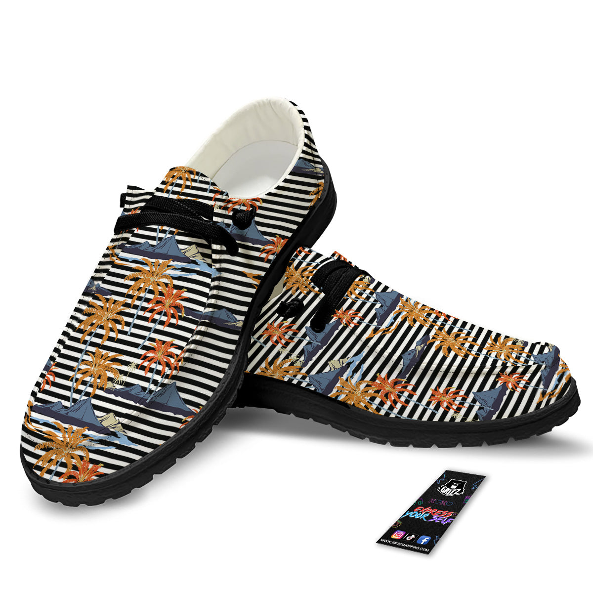 Tropical Island And Stripes Print Pattern Black Loafers-grizzshop