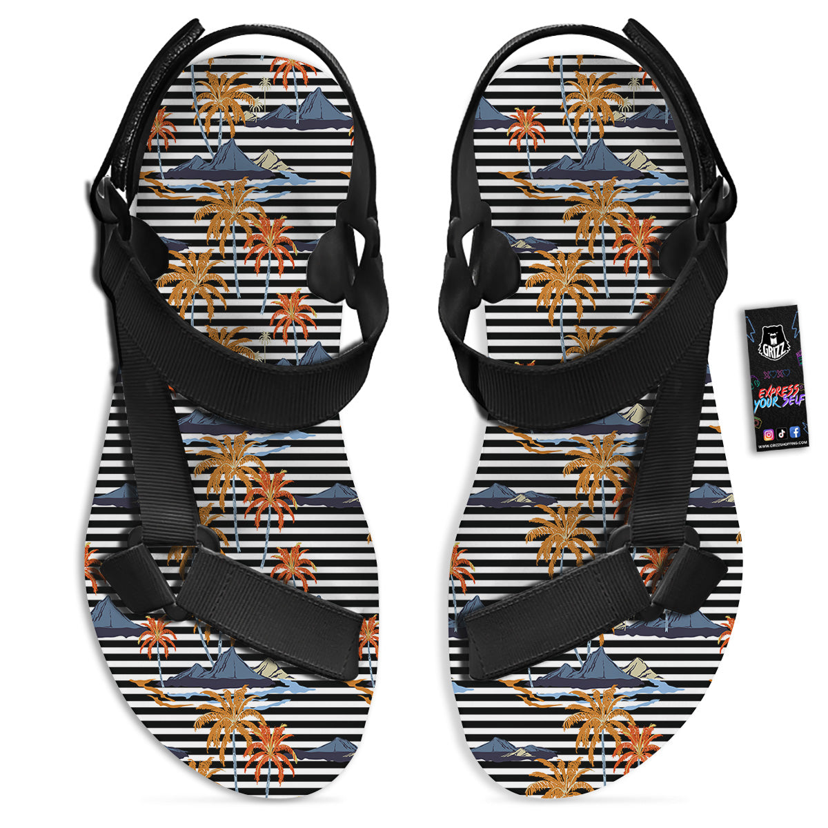 Tropical Island And Stripes Print Pattern Black Open Toe Sandals-grizzshop