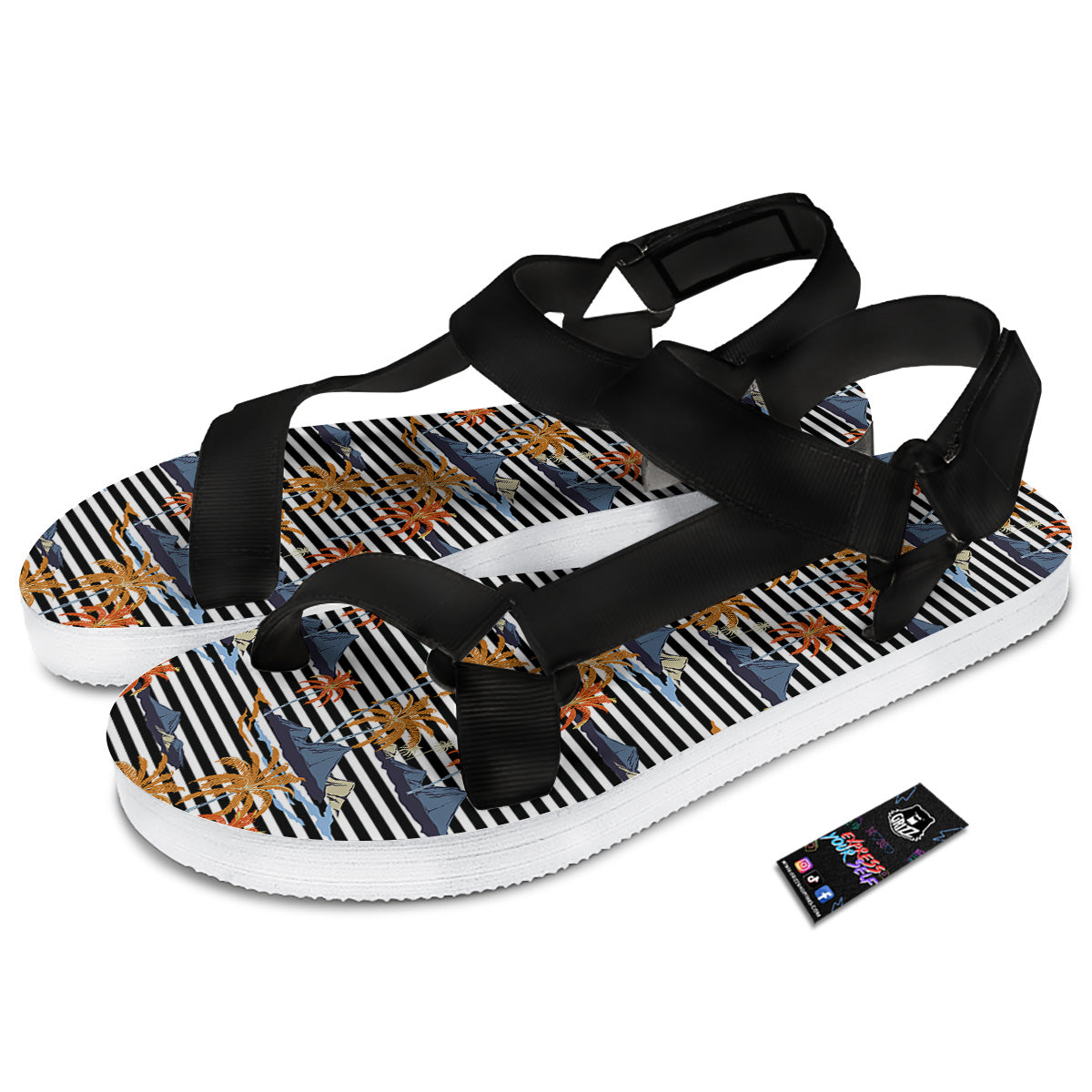 Tropical Island And Stripes Print Pattern Black Open Toe Sandals-grizzshop