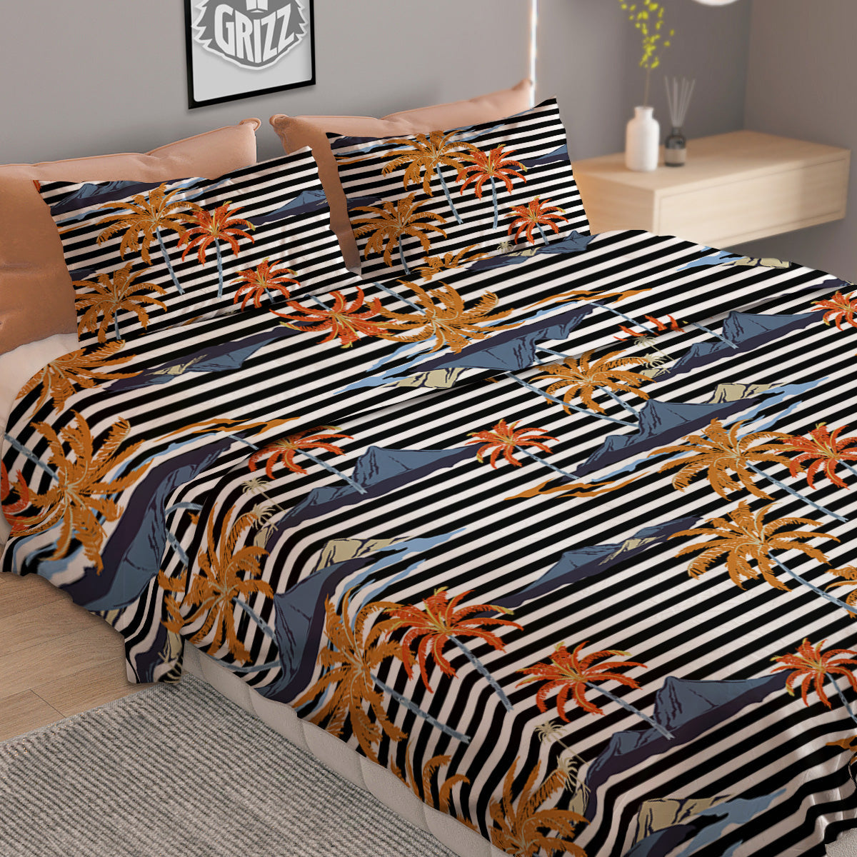 Tropical Island And Stripes Print Pattern Duvet Cover Bedding Set