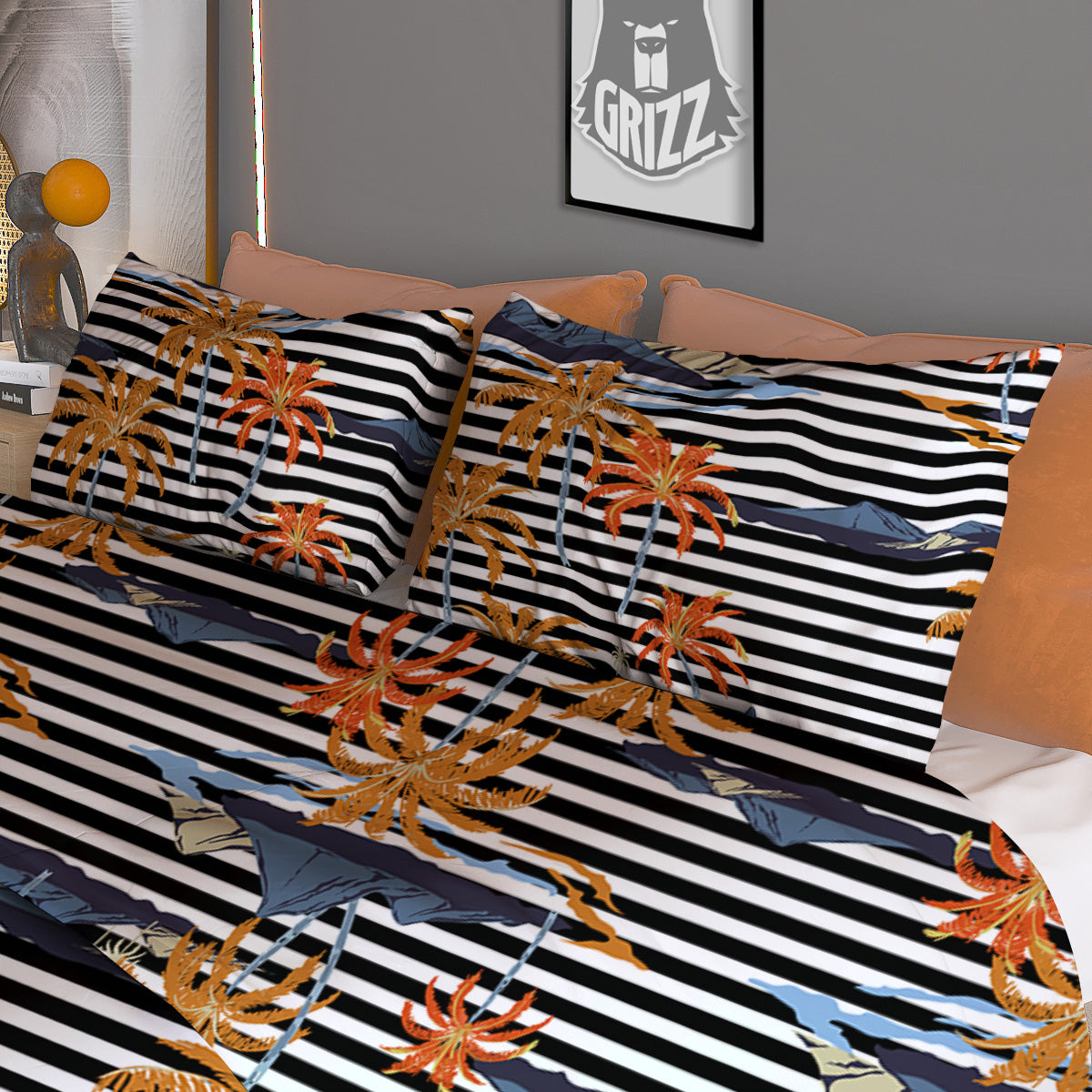 Tropical Island And Stripes Print Pattern Duvet Cover Bedding Set