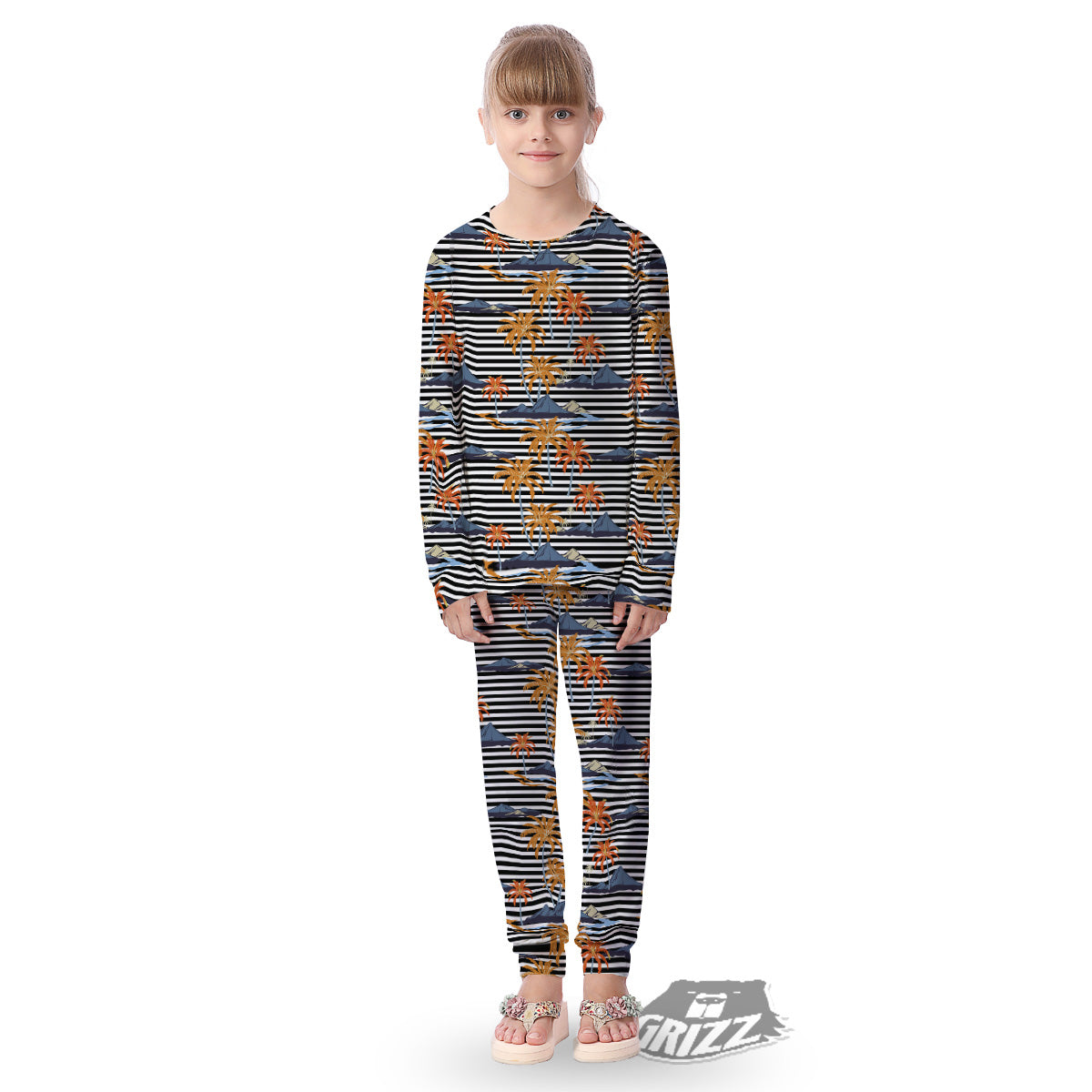 Tropical Island And Stripes Print Pattern Kid's Pajamas-grizzshop