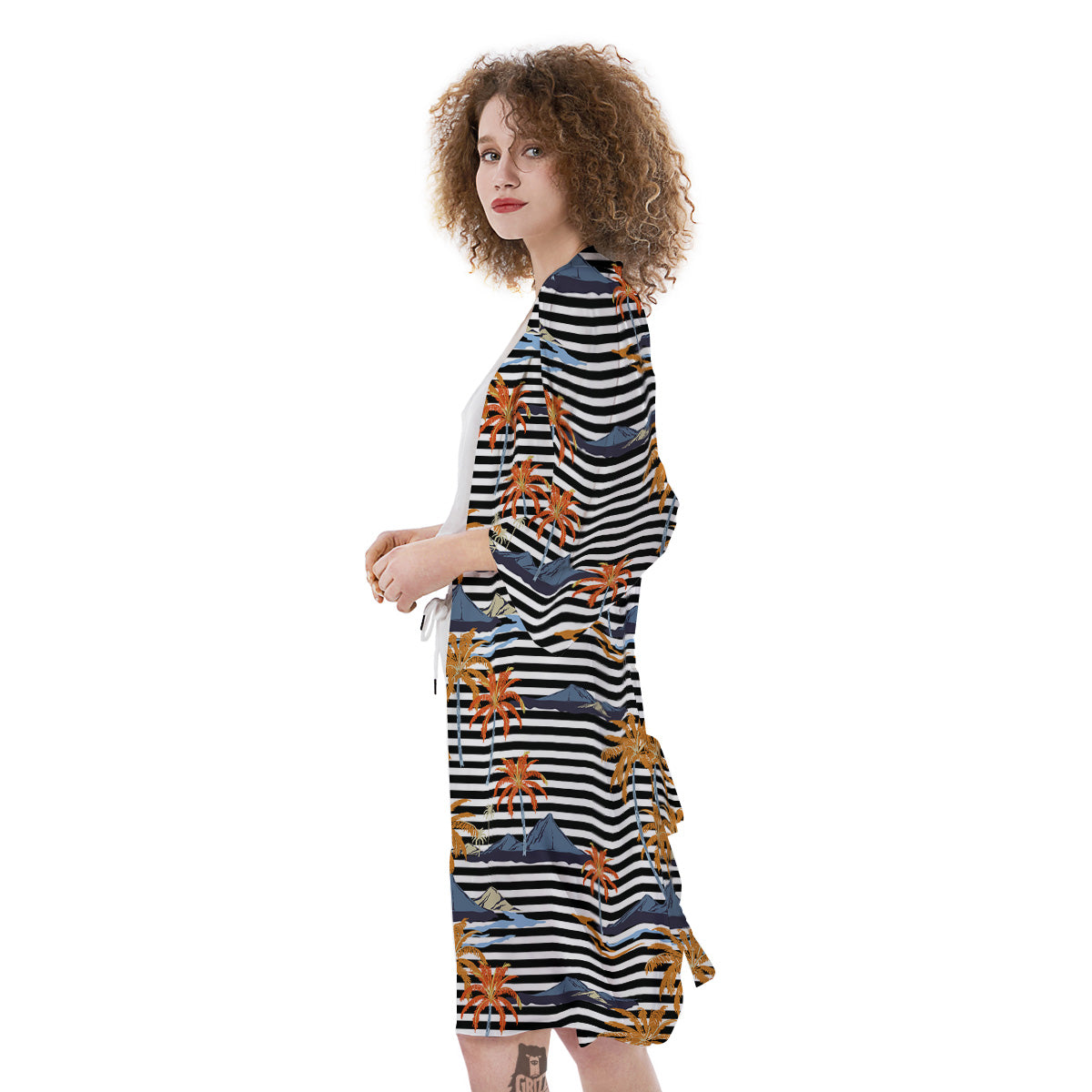 Tropical Island And Stripes Print Pattern Kimono-grizzshop