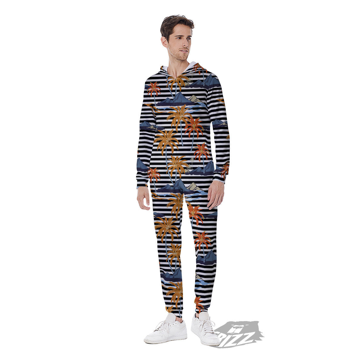 Tropical Island And Stripes Print Pattern Men's Jumpsuit-grizzshop