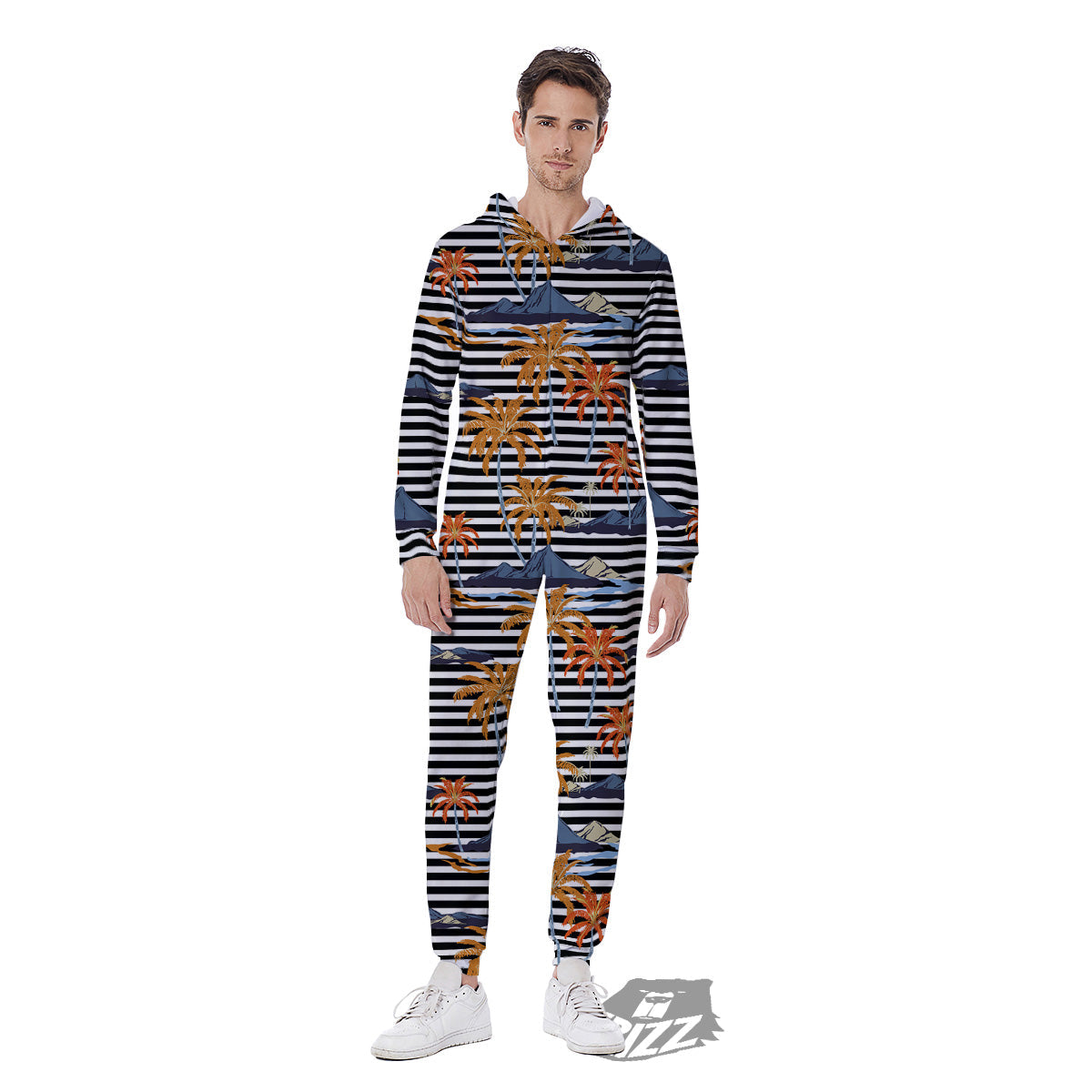 Tropical Island And Stripes Print Pattern Men's Jumpsuit-grizzshop