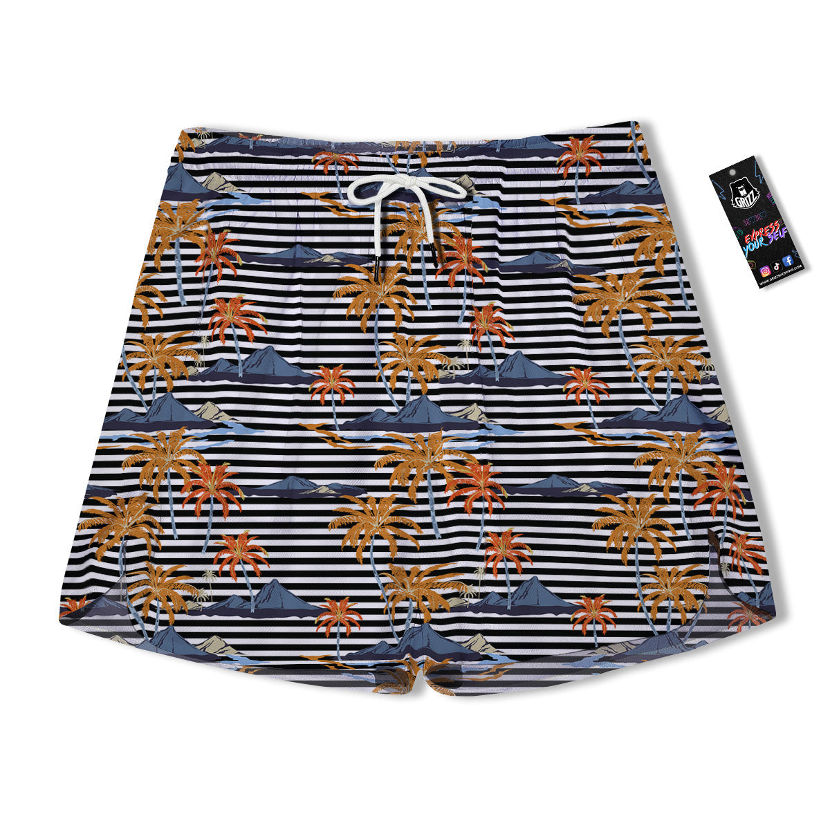 Tropical Island And Stripes Print Pattern Men's Running Shorts-grizzshop