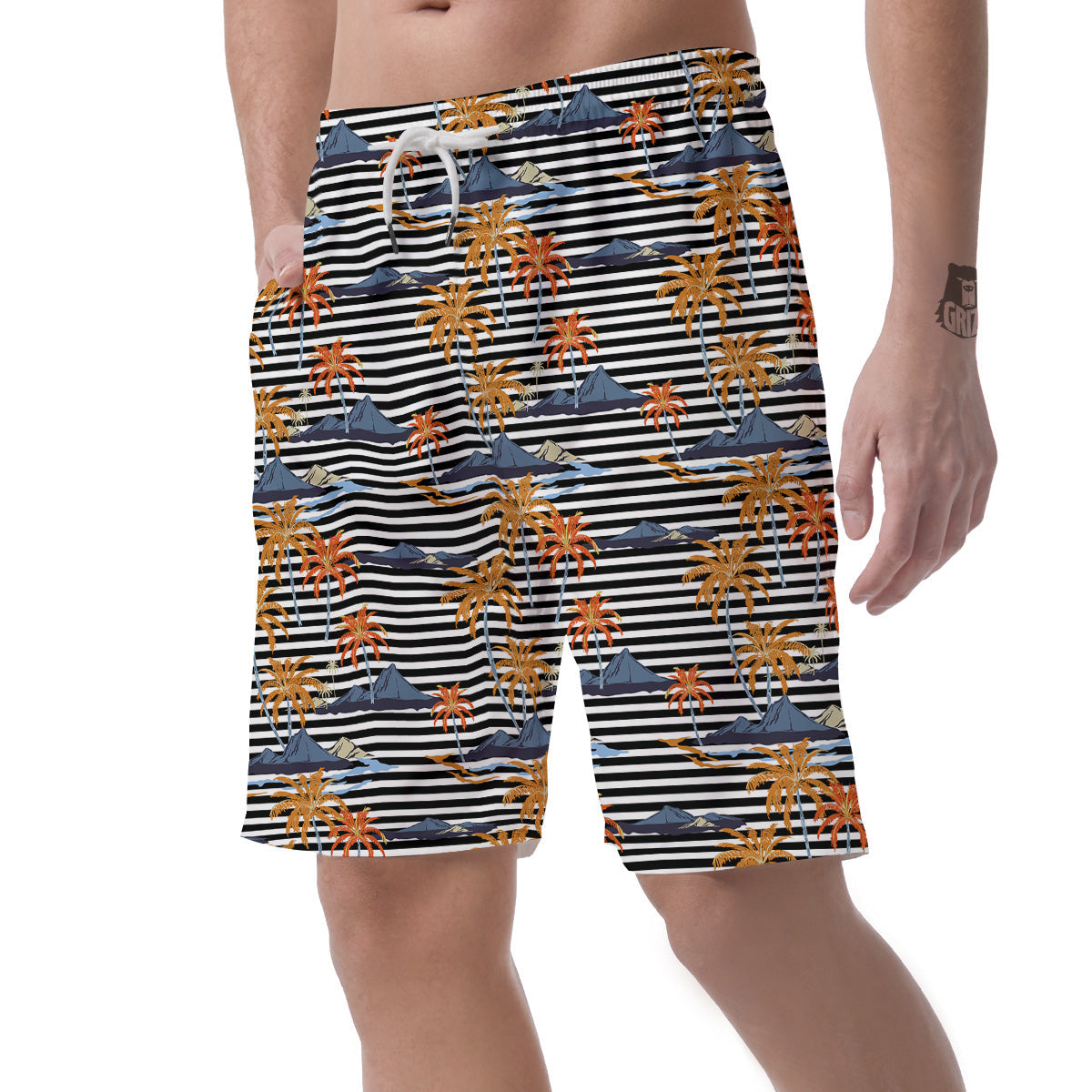 Tropical Island And Stripes Print Pattern Men's Shorts-grizzshop