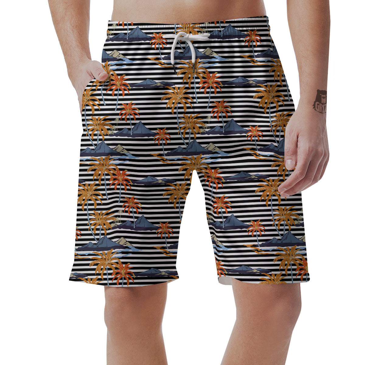 Tropical Island And Stripes Print Pattern Men's Shorts-grizzshop