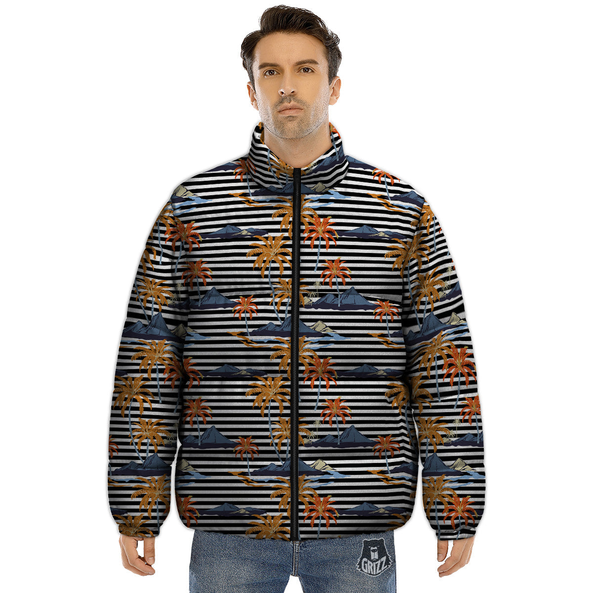 Tropical Island And Stripes Print Pattern Puffer Jacket-grizzshop